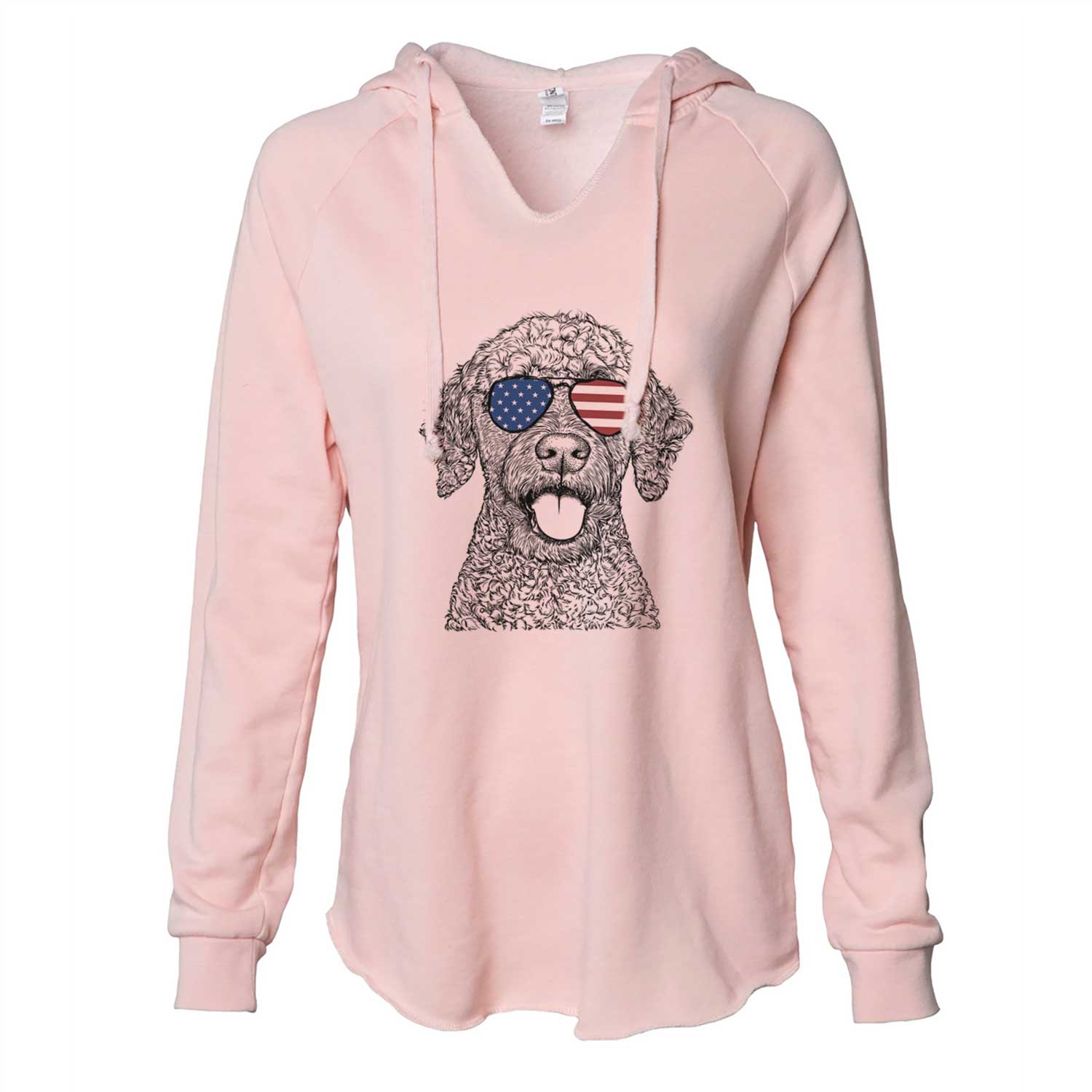 Hand-drawn sketch of Reina the Spanish Water Dog wearing American flag sunglasses on a Blush Cali Wave Hooded Sweatshirt