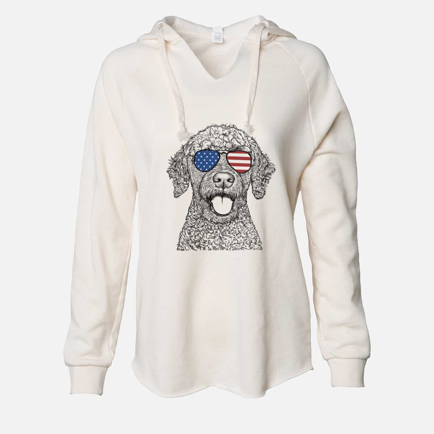 Hand-drawn sketch of Reina the Spanish Water Dog wearing American flag sunglasses on a Bone Cali Wave Hooded Sweatshirt