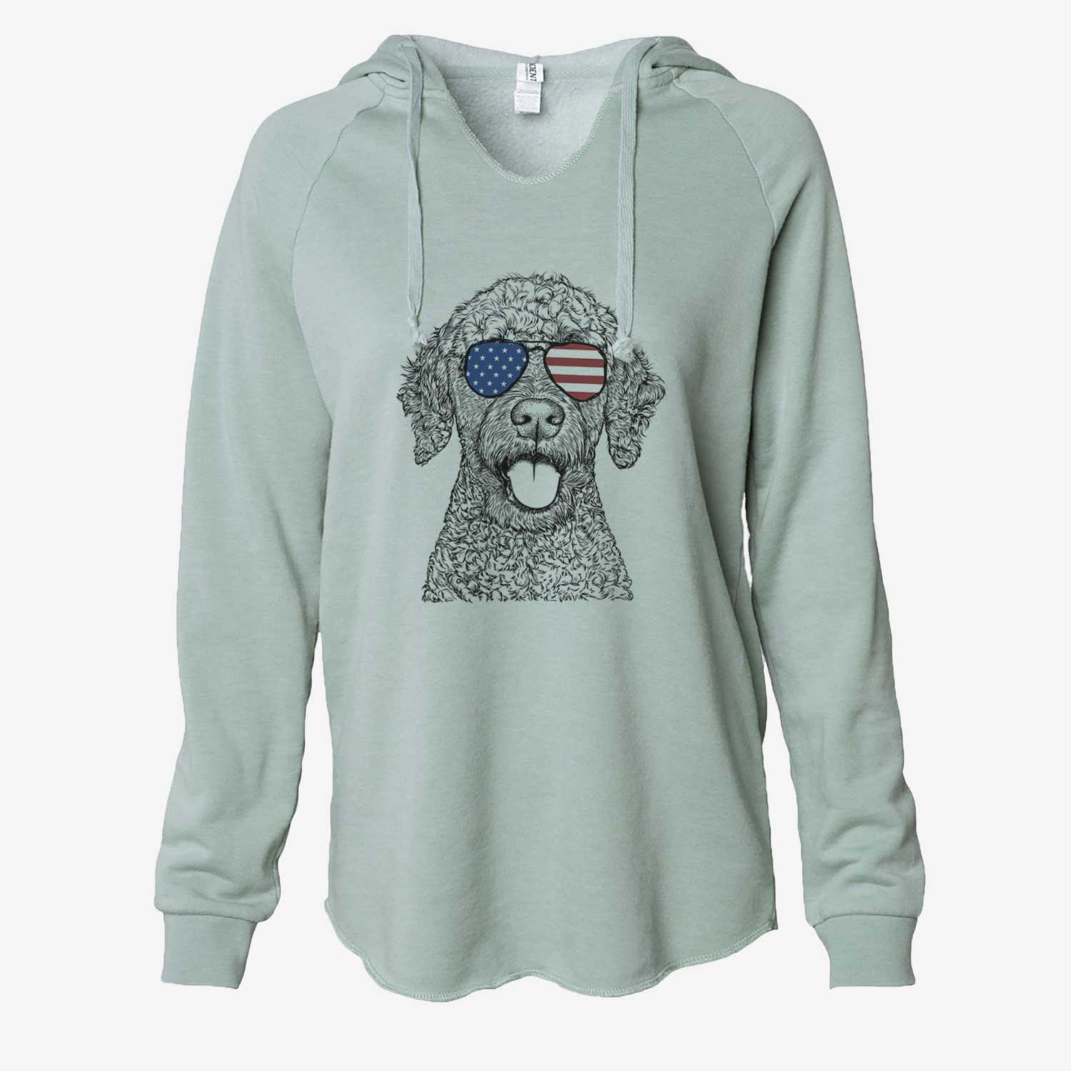 Hand-drawn sketch of Reina the Spanish Water Dog wearing American flag sunglasses on a Sage Cali Wave Hooded Sweatshirt