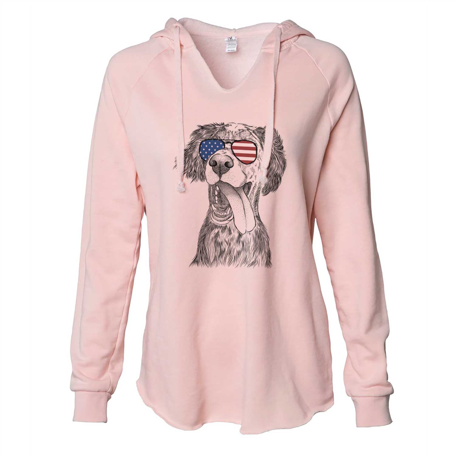 Hand-drawn sketch of Renly the English Setter wearing American flag sunglasses on a Blush Cali Wave Hooded Sweatshirt