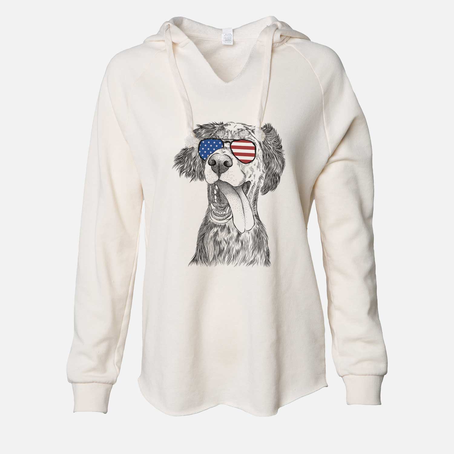 Hand-drawn sketch of Renly the English Setter wearing American flag sunglasses on a Bone Cali Wave Hooded Sweatshirt