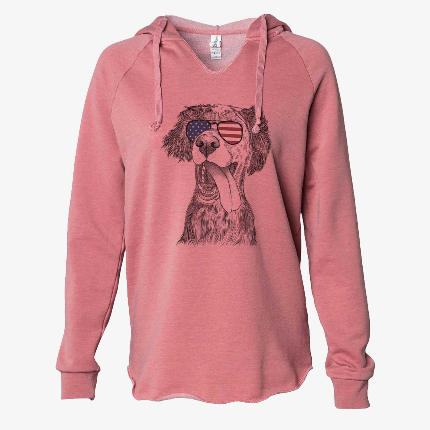 Hand-drawn sketch of Renly the English Setter wearing American flag sunglasses on a Dusty Rose Cali Wave Hooded Sweatshirt