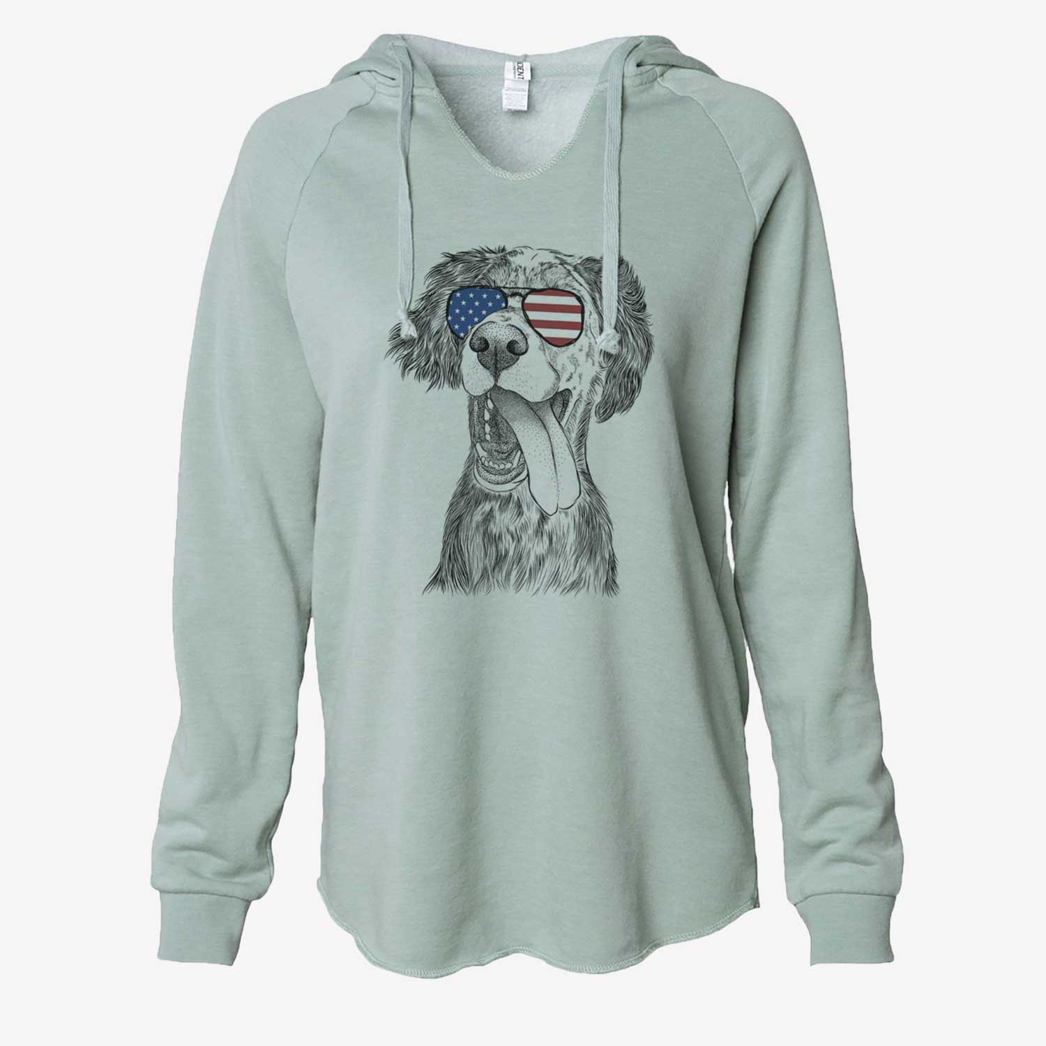 Hand-drawn sketch of Renly the English Setter wearing American flag sunglasses on a Sage Cali Wave Hooded Sweatshirt