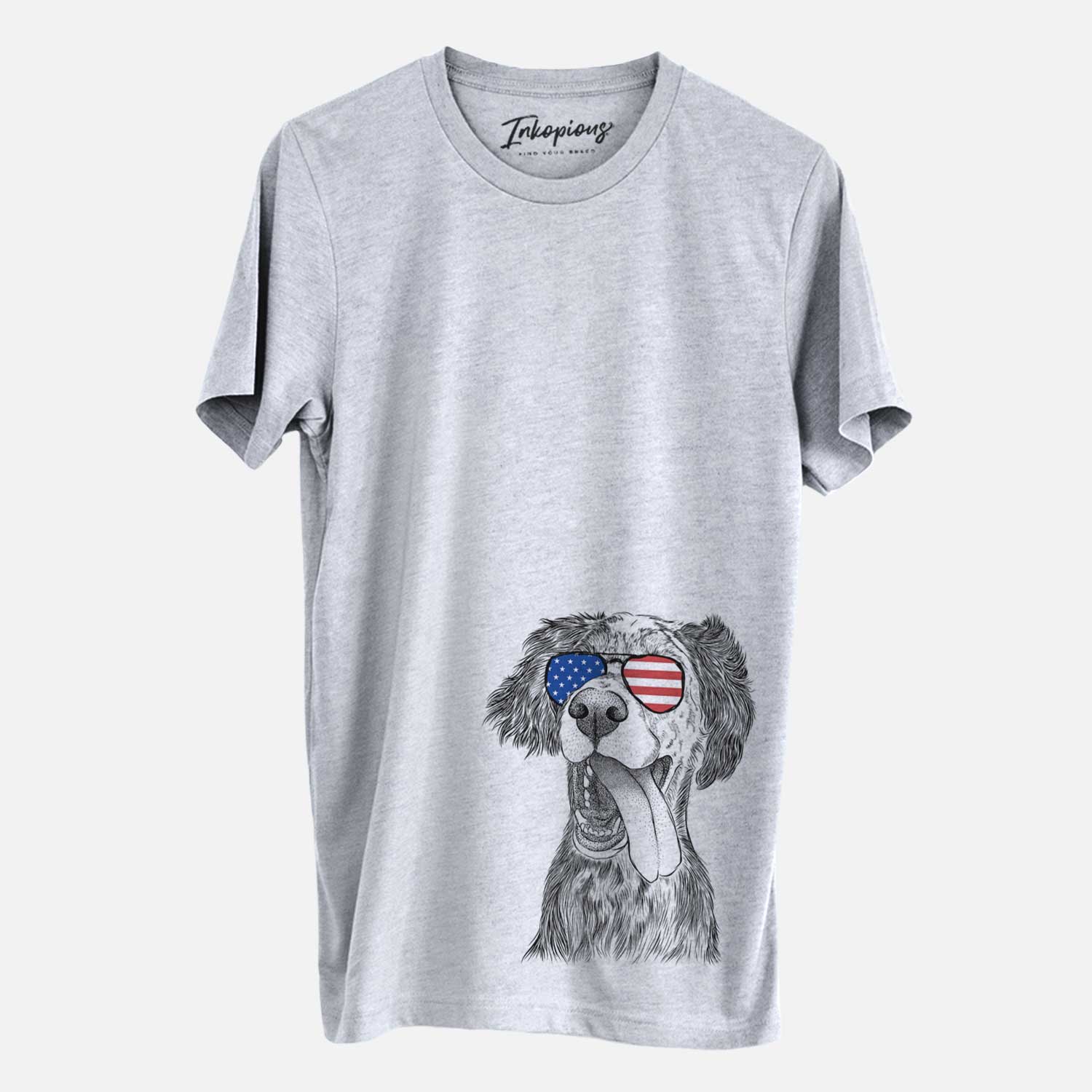 Hand-drawn sketch of Renly the English Setter wearing American flag sunglasses on a Grey Unisex crewneck