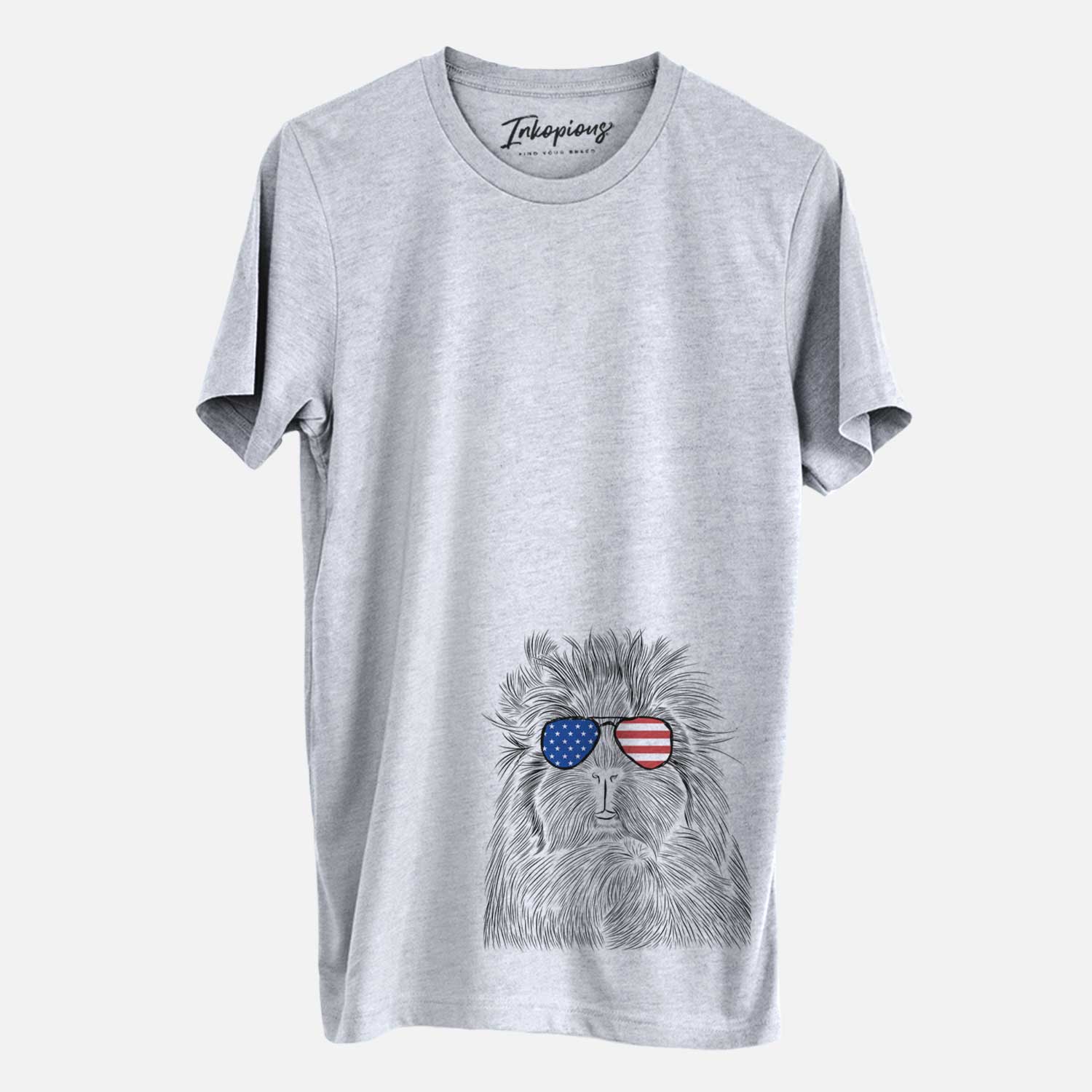 Hand-drawn sketch of Rhino the Guinea Pig wearing American flag sunglasses on a Grey Unisex crewneck