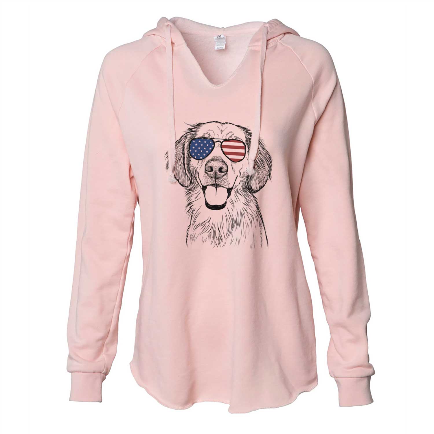 Hand-drawn sketch of Riley the Golden Retriever wearing American flag sunglasses on a Blush Cali Wave Hooded Sweatshirt