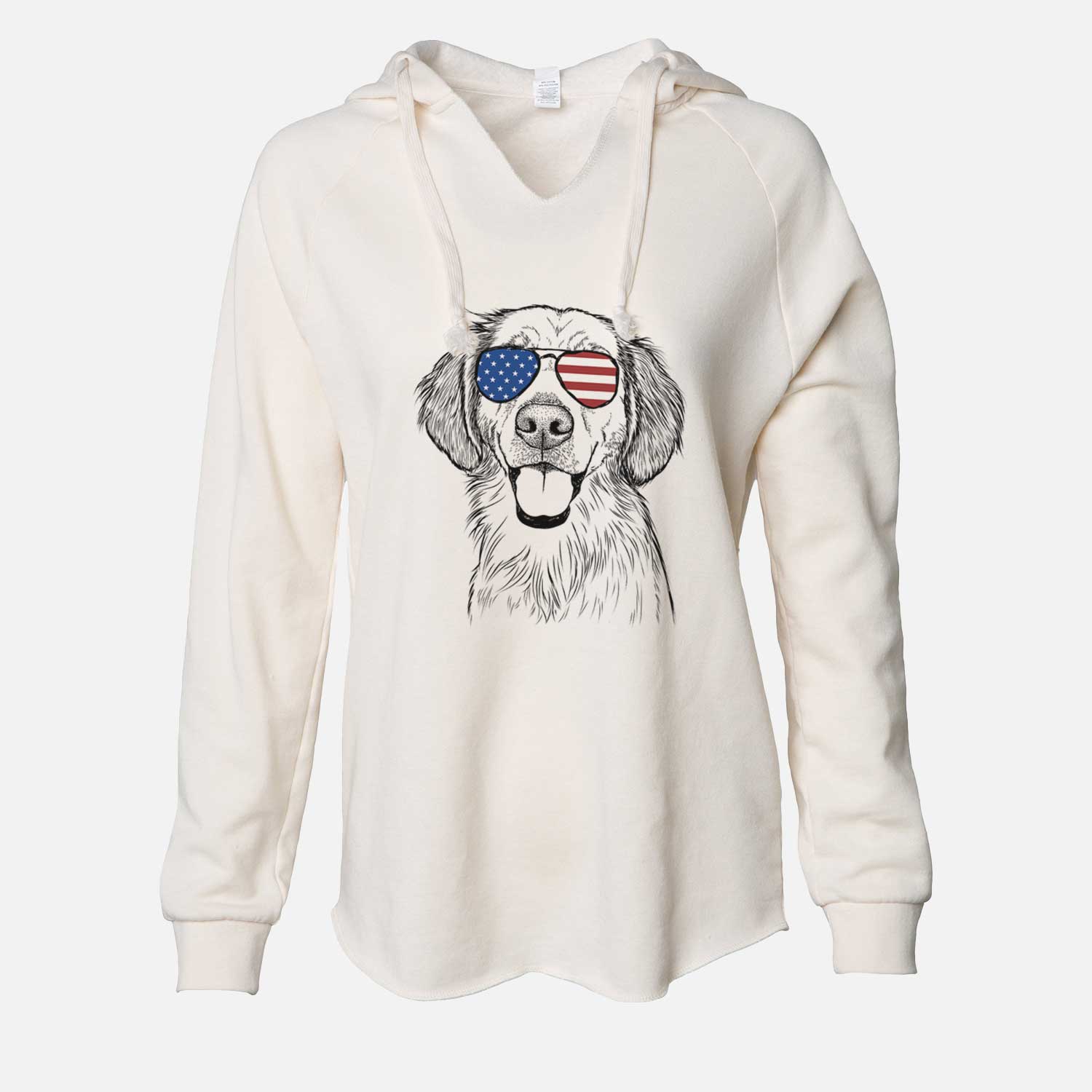 Hand-drawn sketch of Riley the Golden Retriever wearing American flag sunglasses on a Bone Cali Wave Hooded Sweatshirt