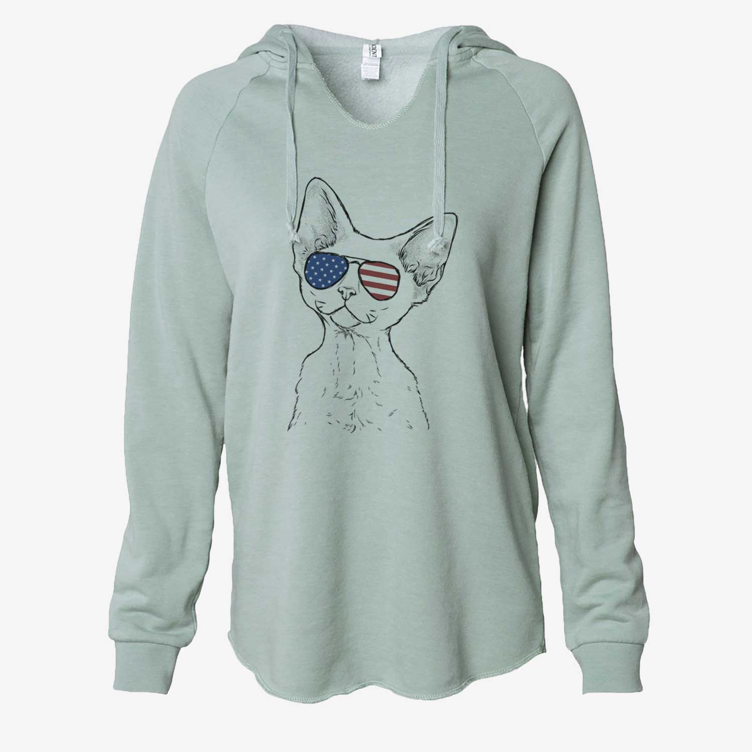 Hand-drawn sketch of Ripley the Devon Rex Cat wearing American flag sunglasses on a Sage Cali Wave Hooded Sweatshirt