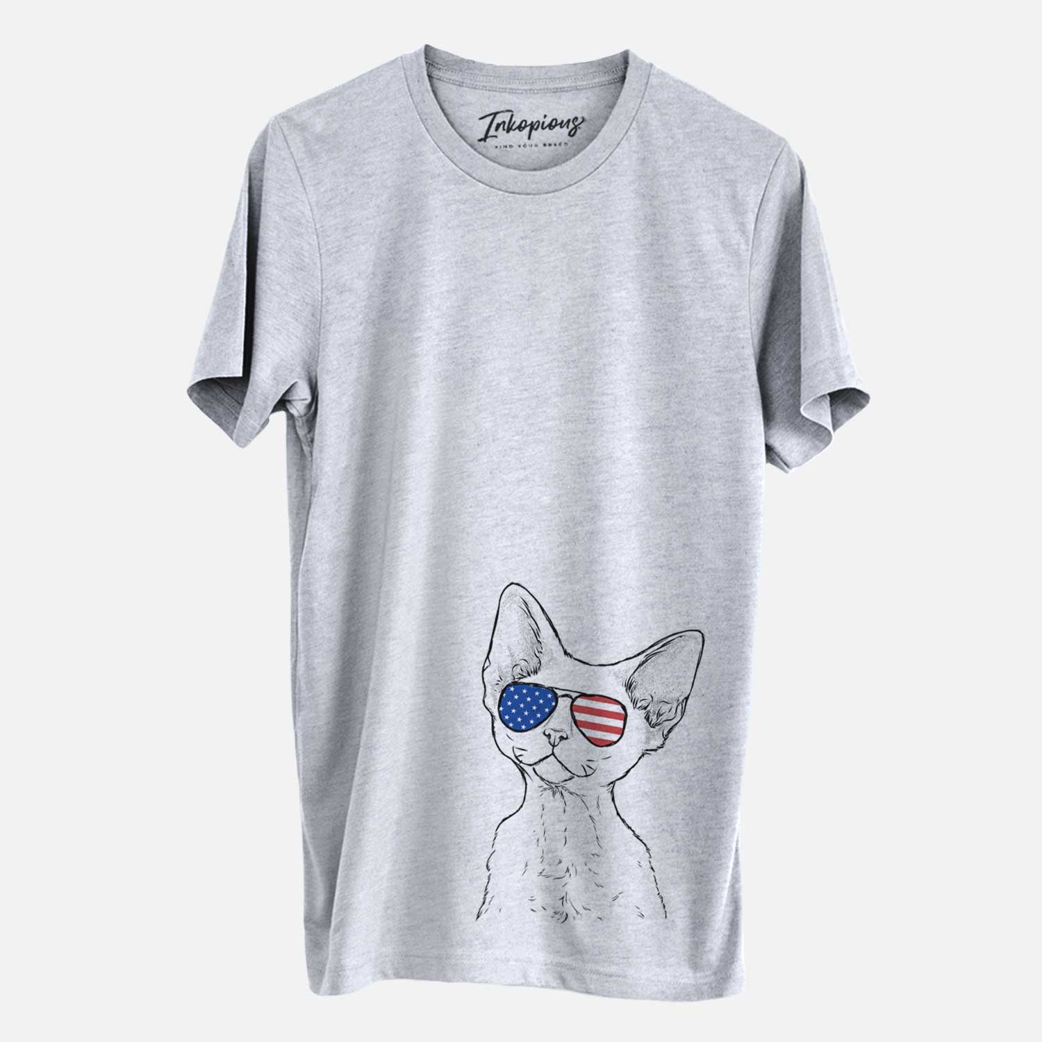 Hand-drawn sketch of Ripley the Devon Rex Cat wearing American flag sunglasses on a Grey Unisex crewneck