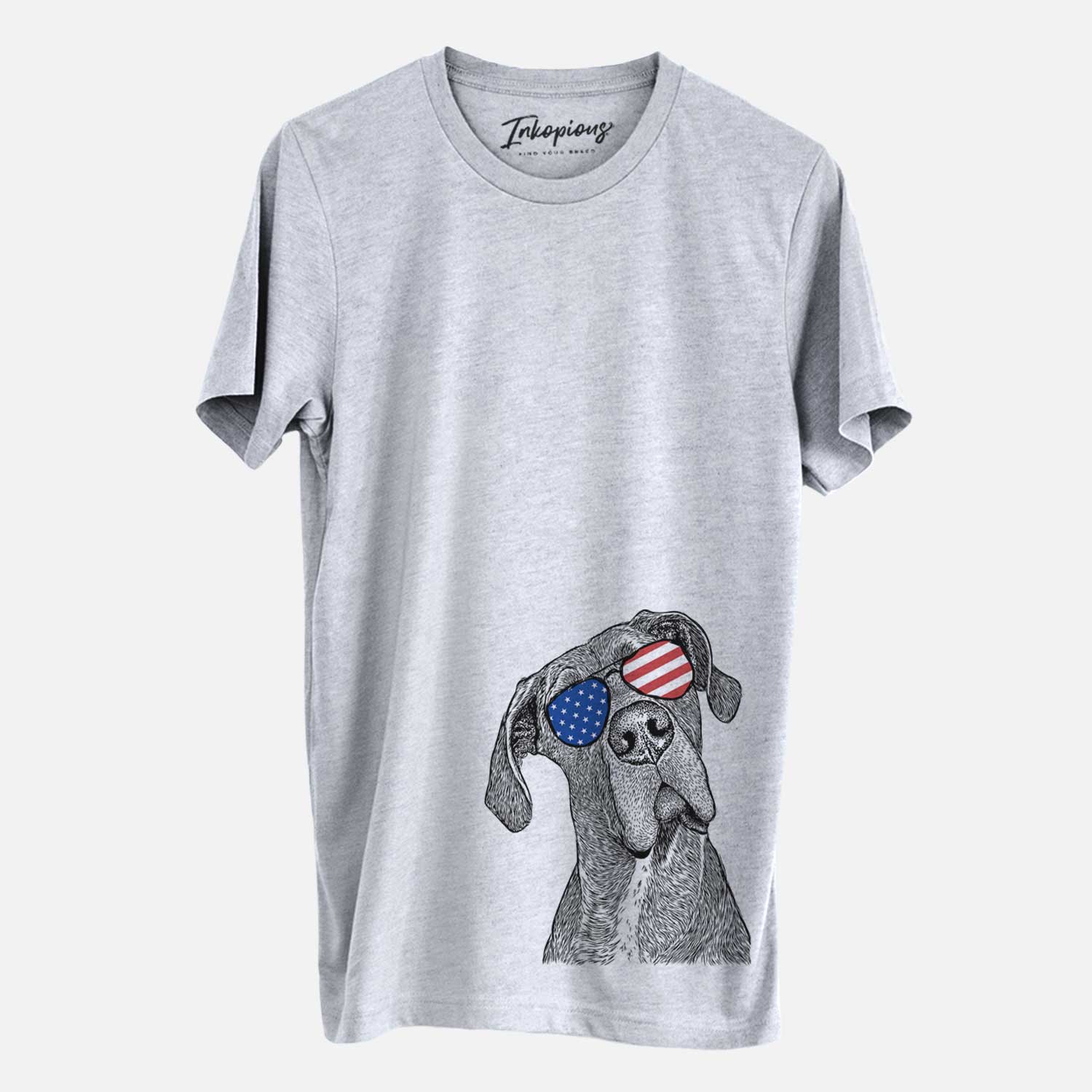 Hand-drawn sketch of River the Great Dane wearing American flag sunglasses on a Grey Unisex crewneck