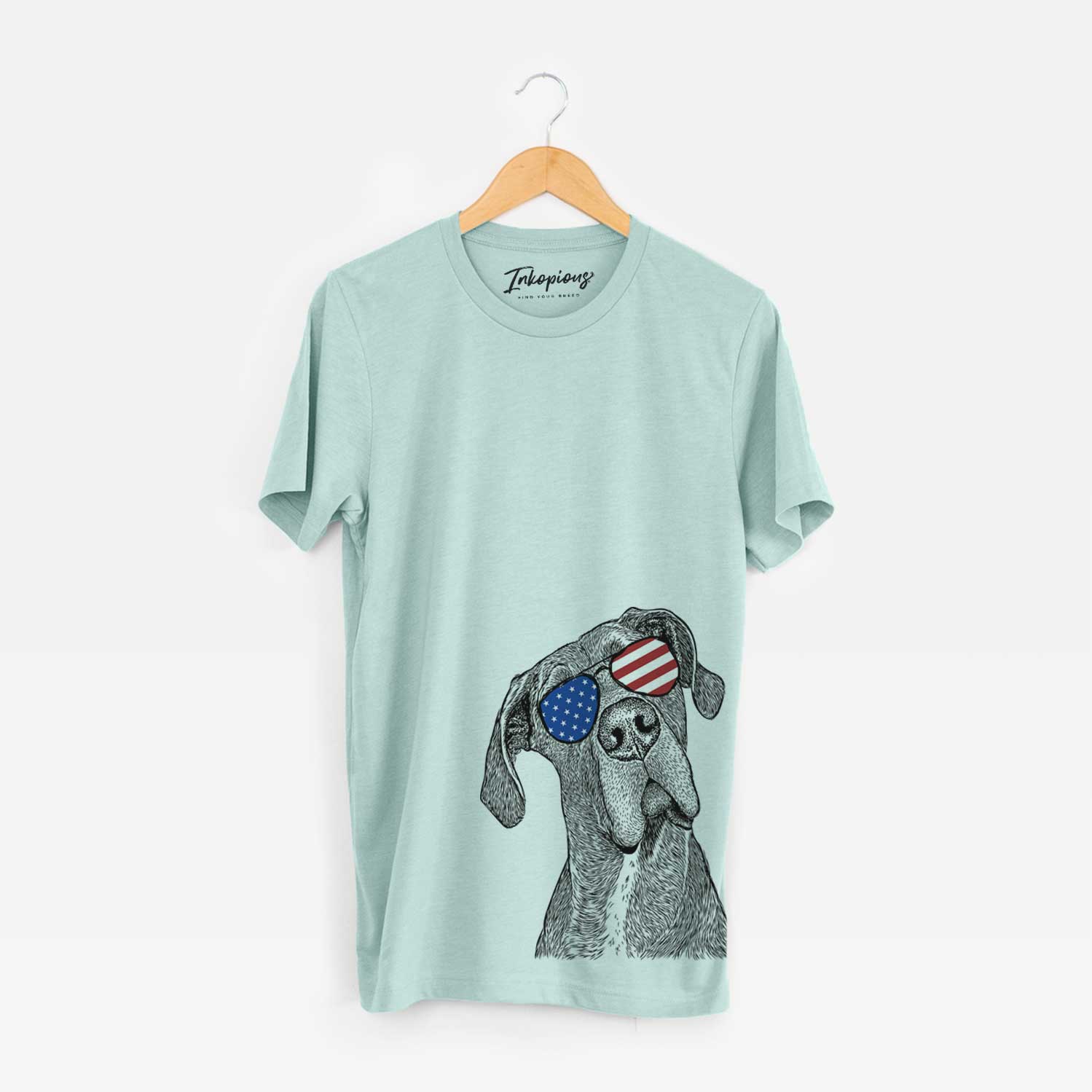 Hand-drawn sketch of River the Great Dane wearing American flag sunglasses on a Heather Sage Unisex crewneck