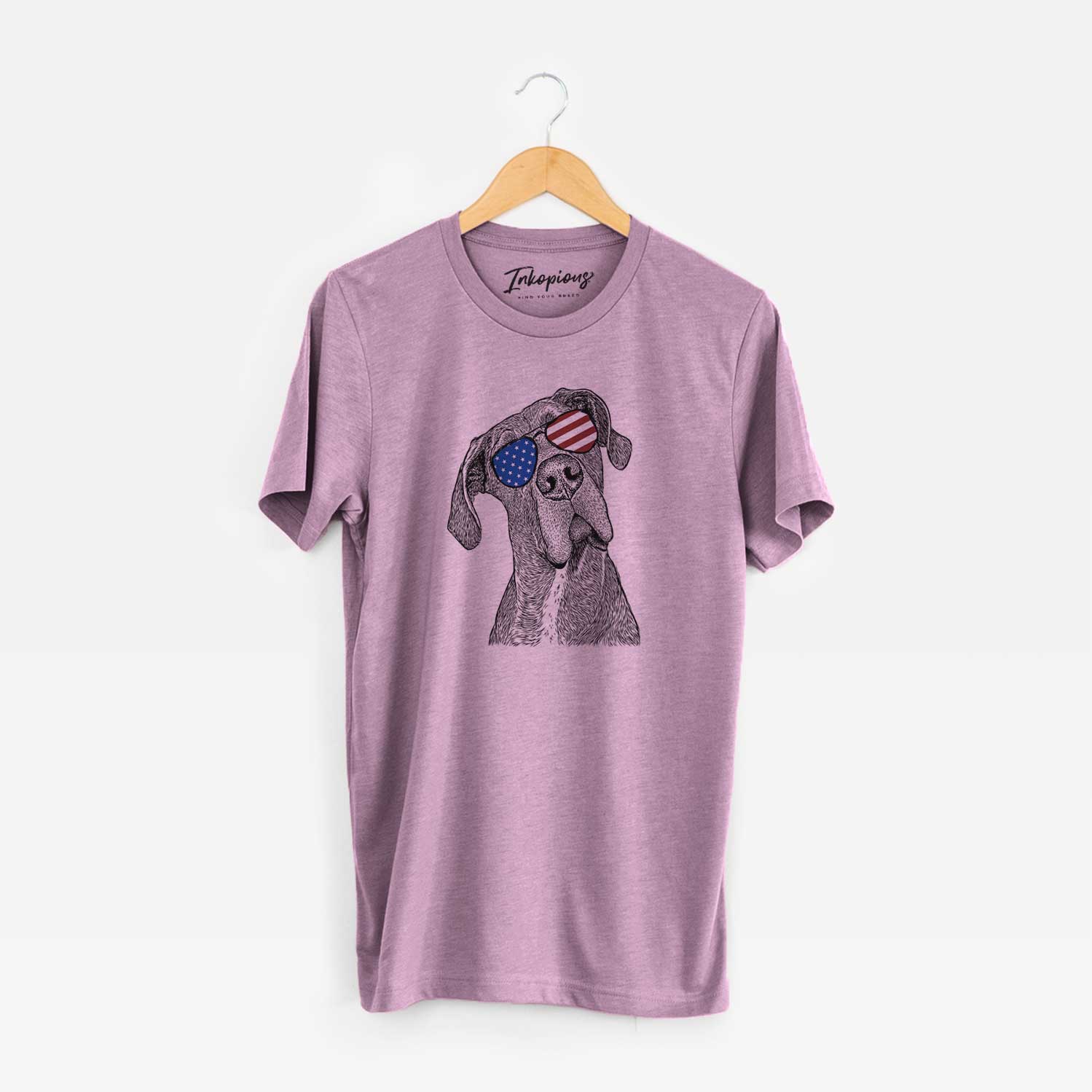 Hand-drawn sketch of River the Great Dane wearing American flag sunglasses on an Orchid Unisex crewneck