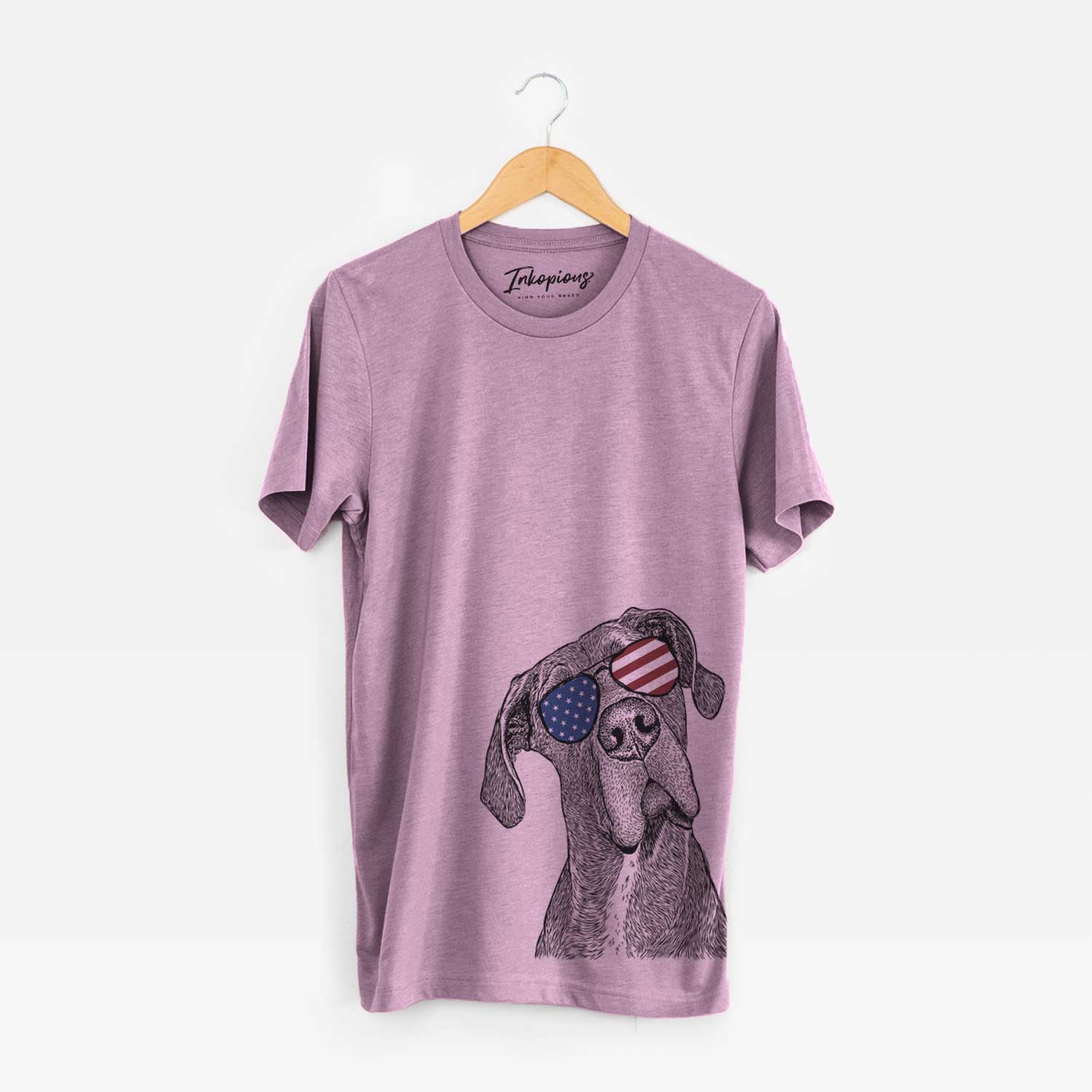 Hand-drawn sketch of River the Great Dane wearing American flag sunglasses on an Orchid Unisex crewneck
