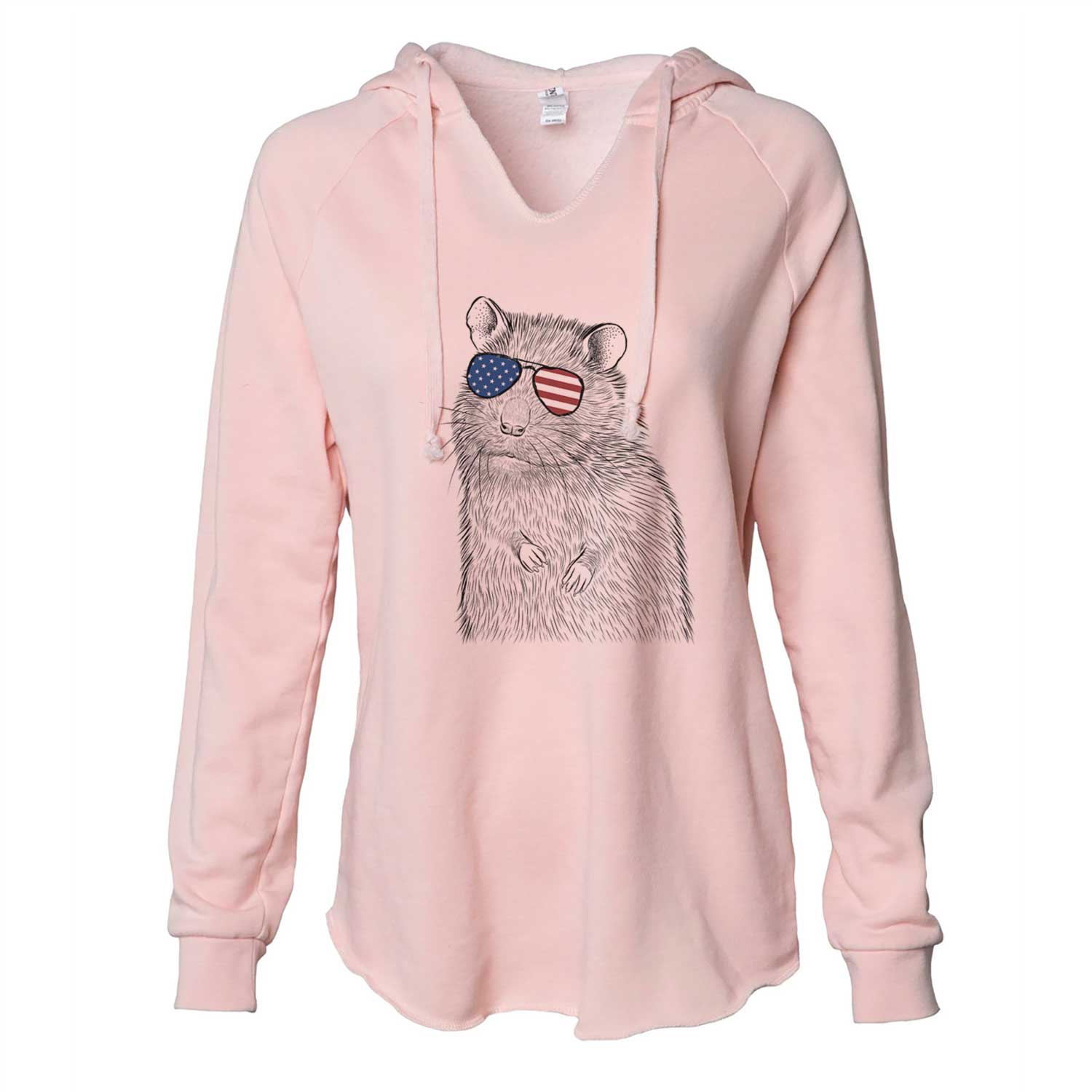 Hand-drawn sketch of Rizzo the Rat wearing American flag sunglasses on a Blush Cali Wave Hooded Sweatshirt