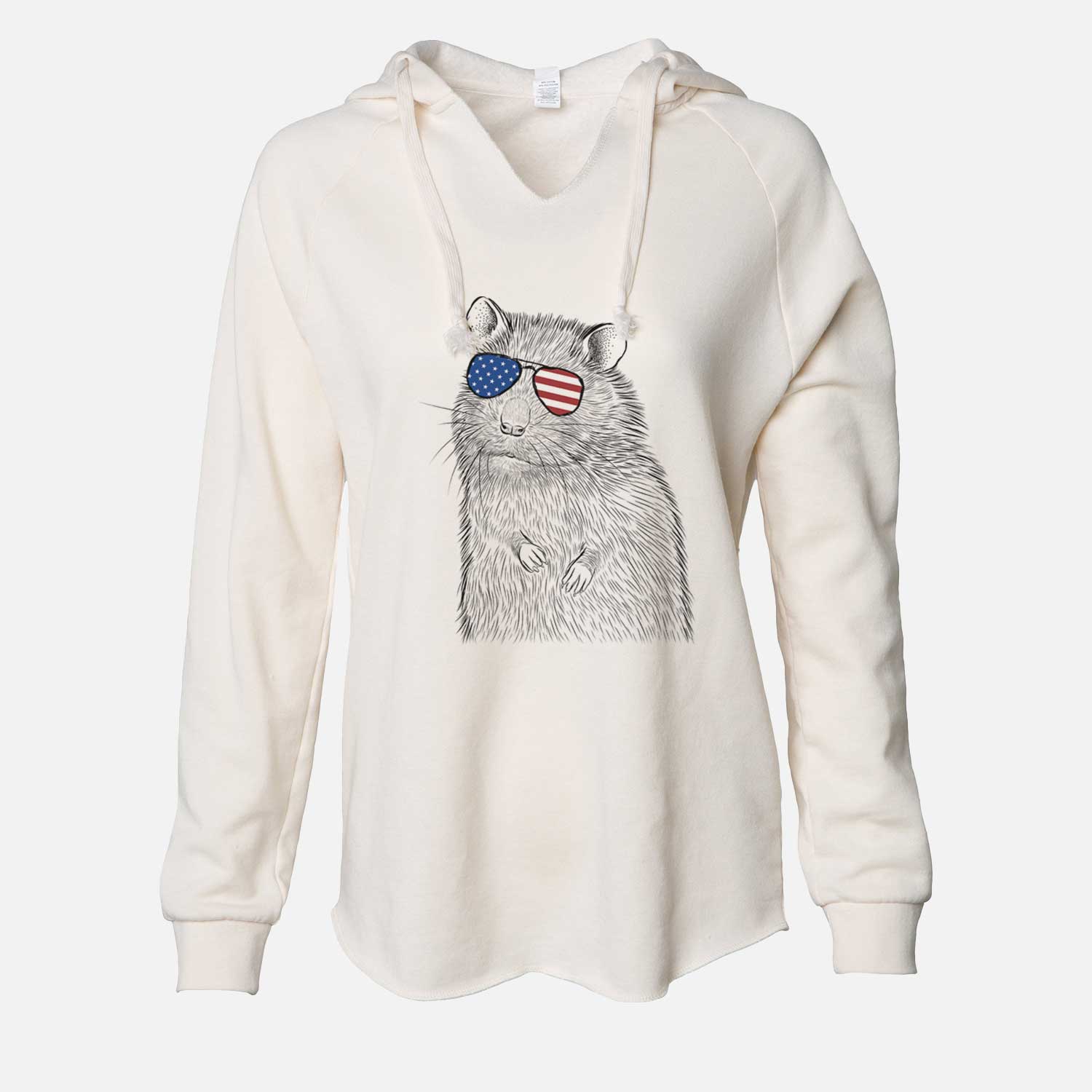 Hand-drawn sketch of Rizzo the Rat wearing American flag sunglasses on a Bone Cali Wave Hooded Sweatshirt