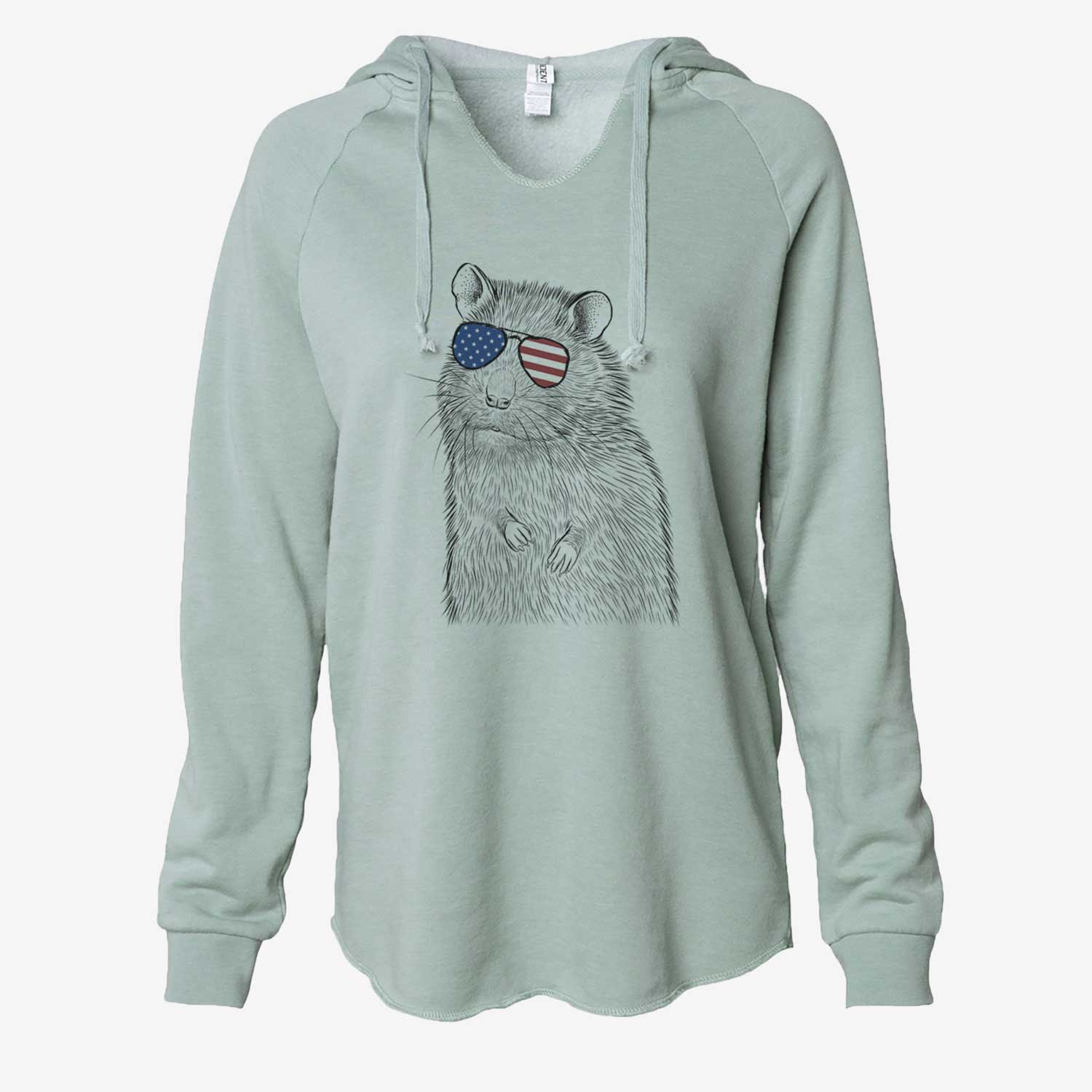 Hand-drawn sketch of Rizzo the Rat wearing American flag sunglasses on a Sage Cali Wave Hooded Sweatshirt