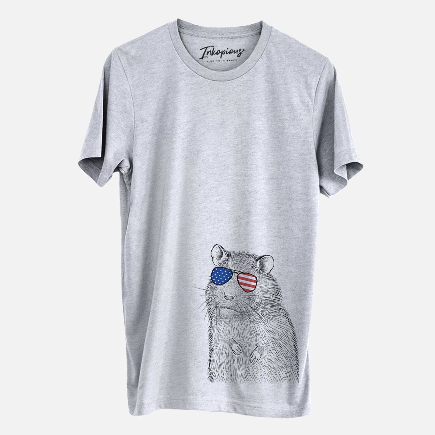 Hand-drawn sketch of Rizzo the Rat wearing American flag sunglasses on a Grey Unisex crewneck