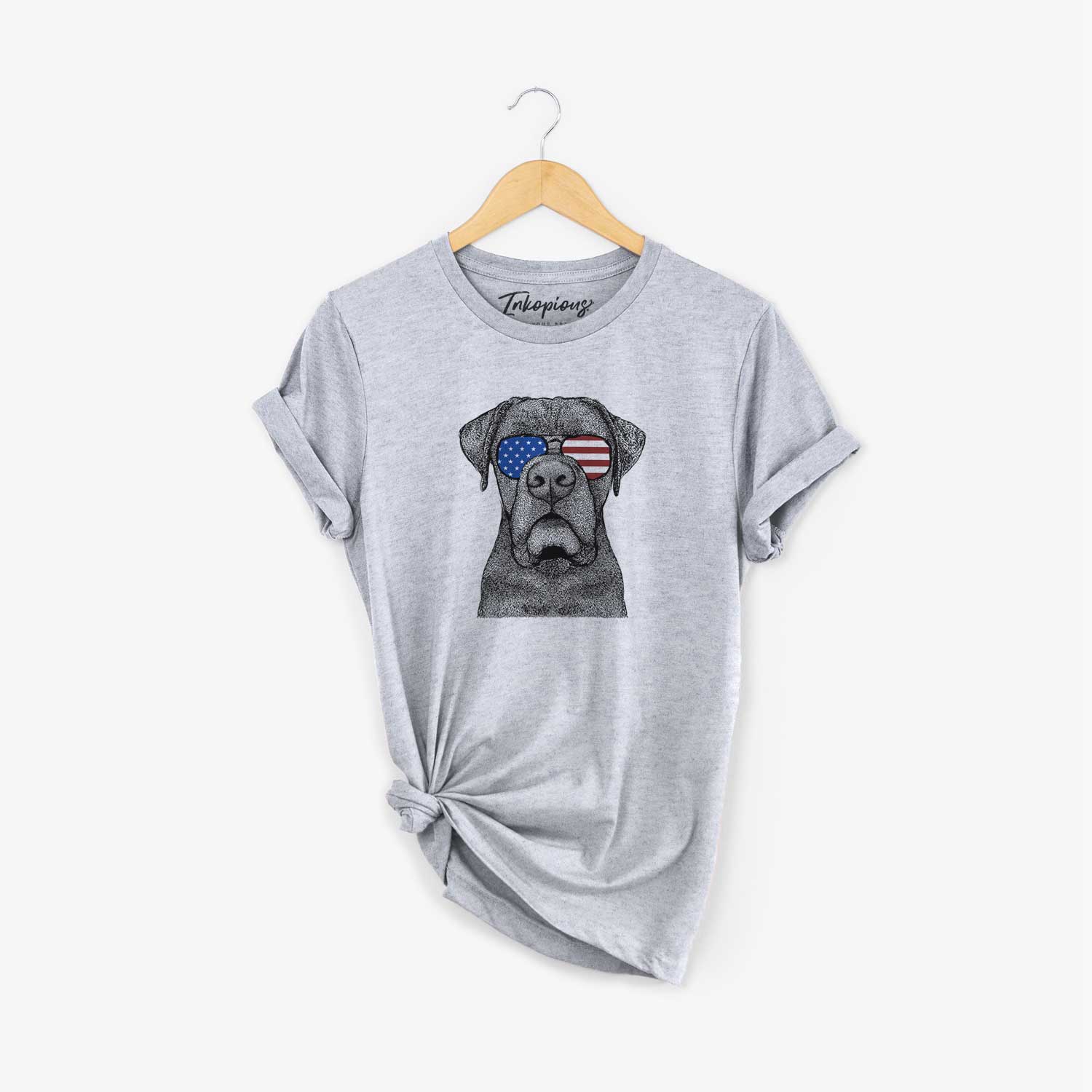 Hand-drawn sketch of Rocco the Cane Corso wearing American flag sunglasses on a Grey Unisex crewneck