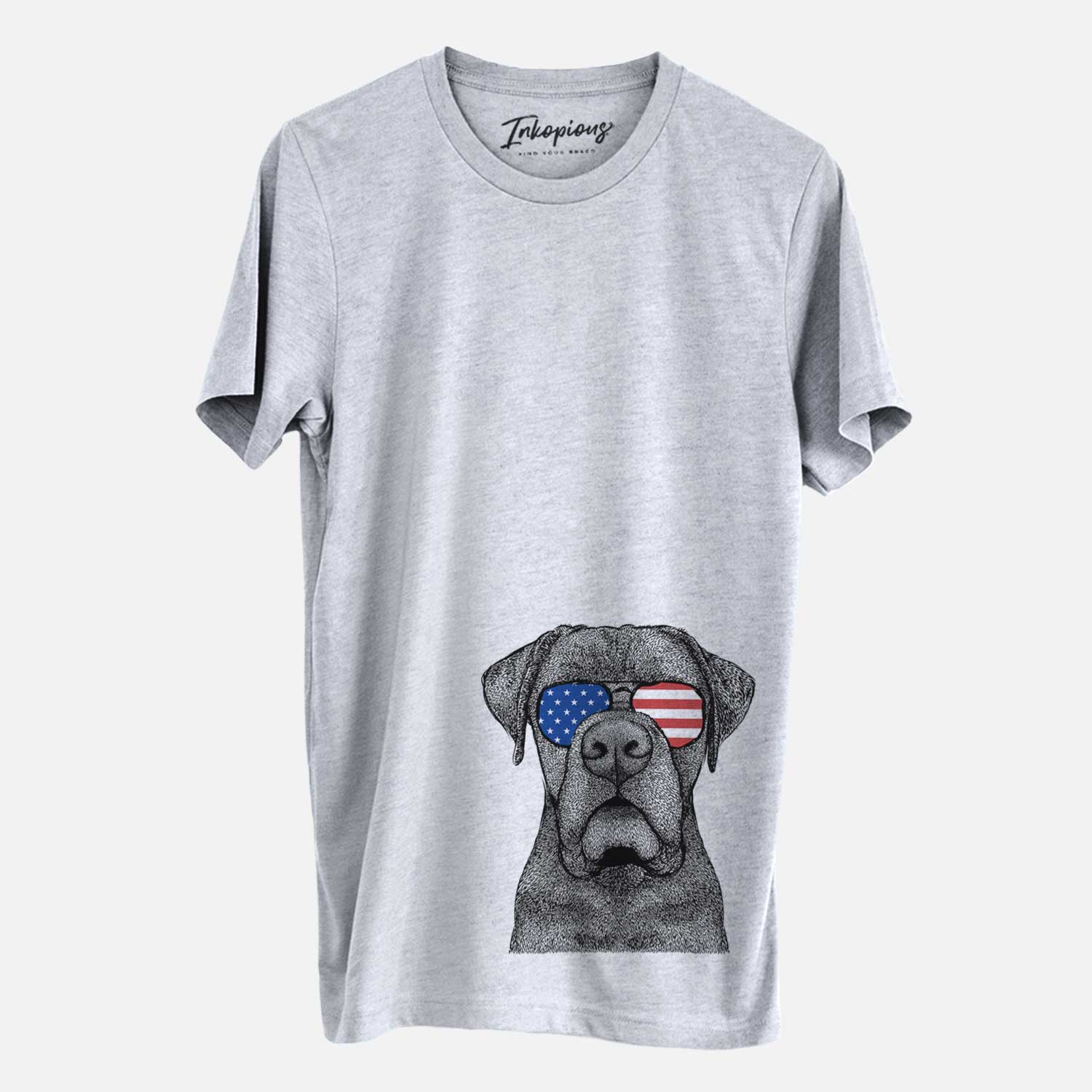 Hand-drawn sketch of Rocco the Cane Corso wearing American flag sunglasses on a Grey Unisex crewneck