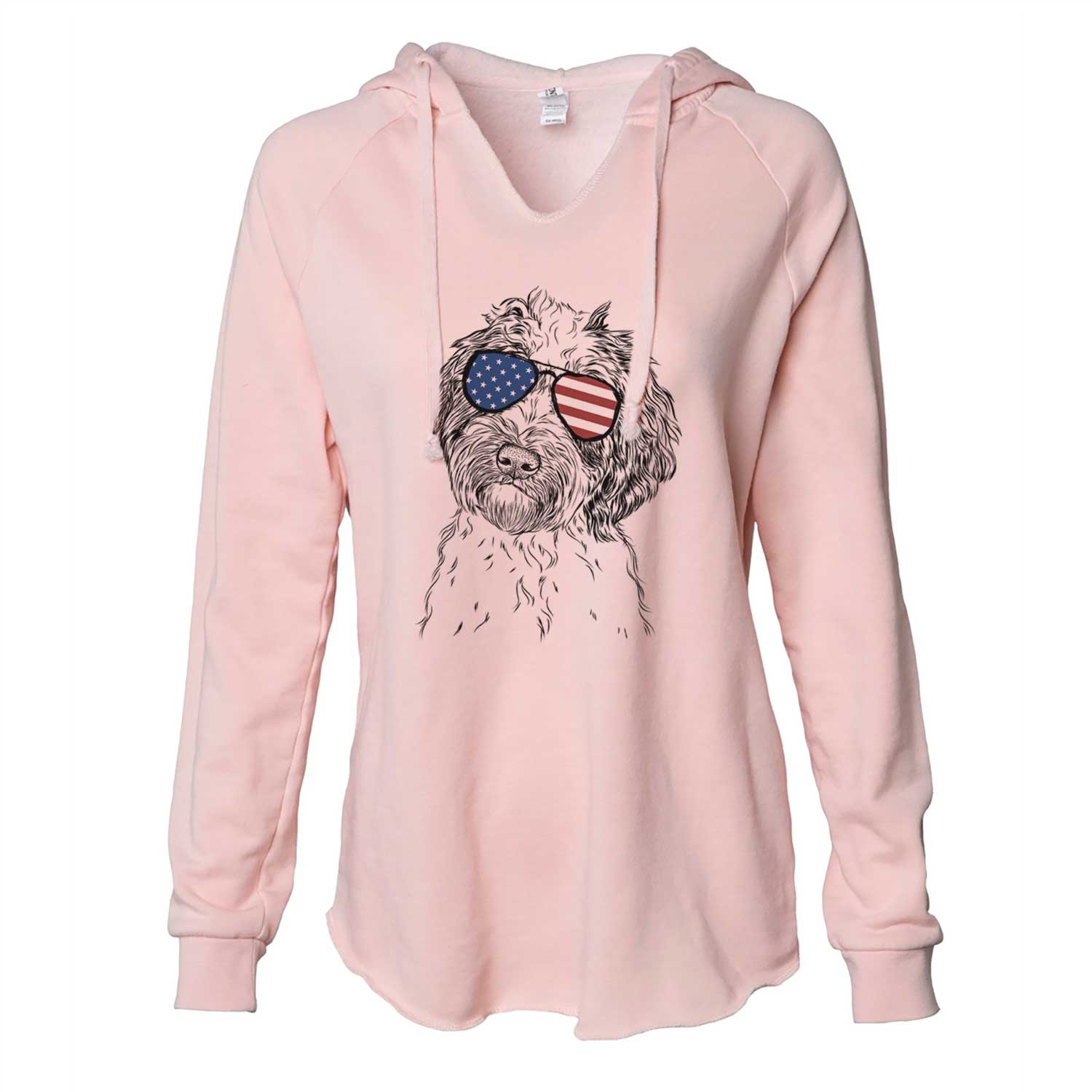 Hand-drawn sketch of Rooney the Aussiedoodle wearing American flag sunglasses on a Blush Cali Wave Hooded Sweatshirt