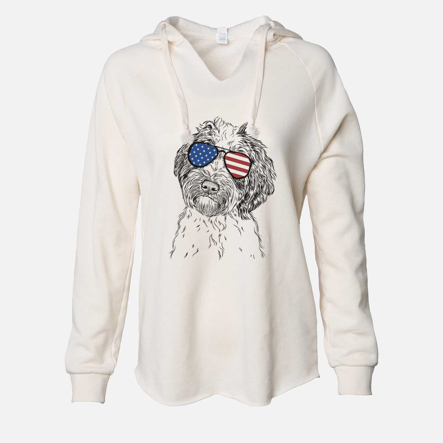 Hand-drawn sketch of Rooney the Aussiedoodle wearing American flag sunglasses on a Bone Cali Wave Hooded Sweatshirt