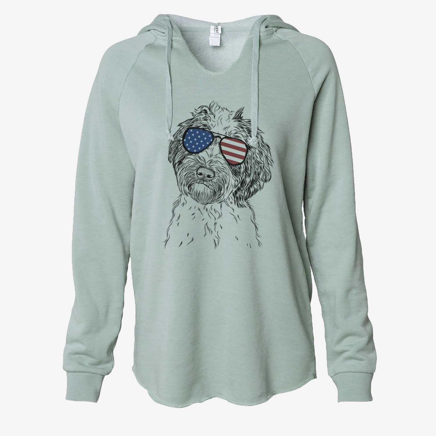 Hand-drawn sketch of Rooney the Aussiedoodle wearing American flag sunglasses on a Sage Cali Wave Hooded Sweatshirt