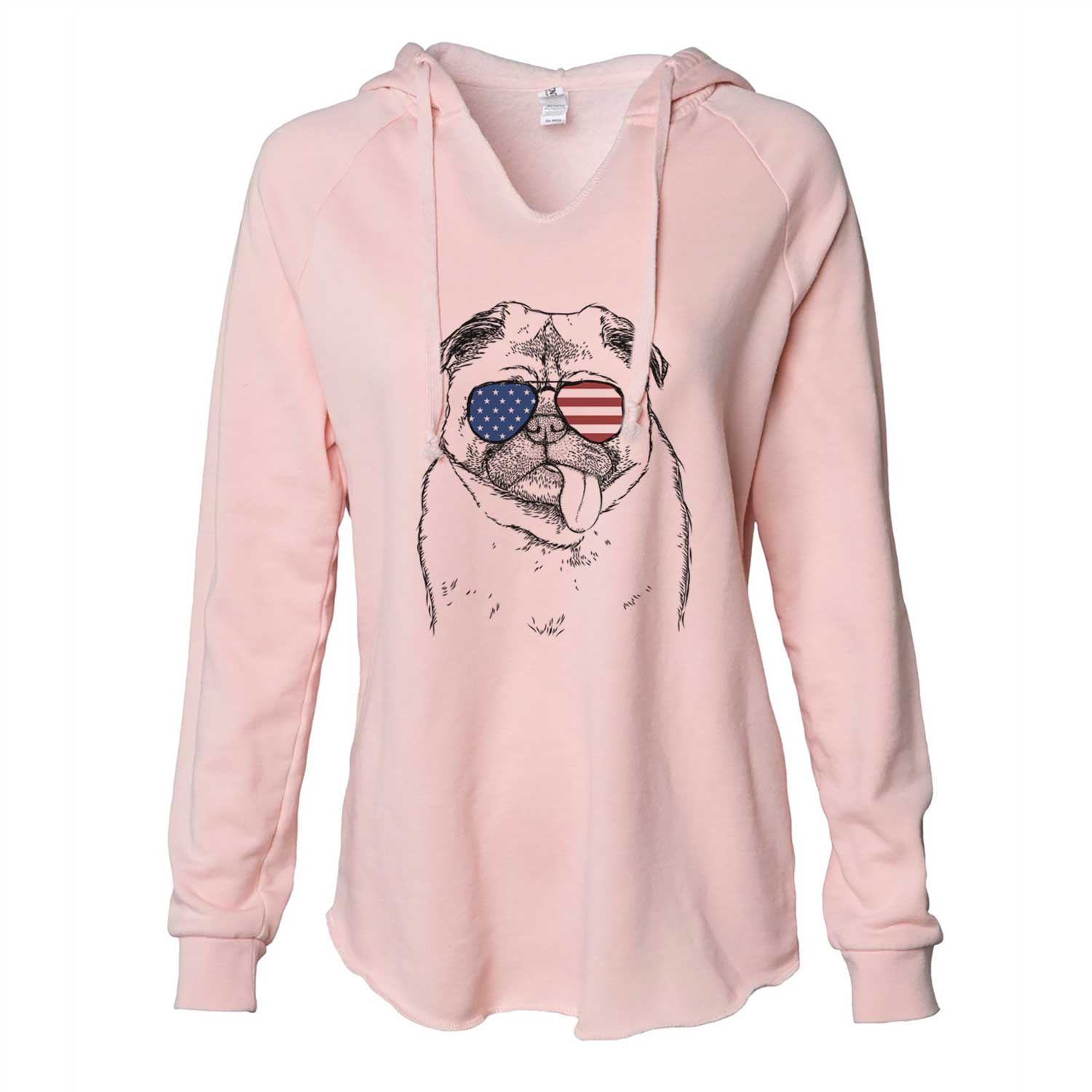 Hand-drawn sketch of Rosie the Pug wearing American flag sunglasses on a Blush Cali Wave Hooded Sweatshirt