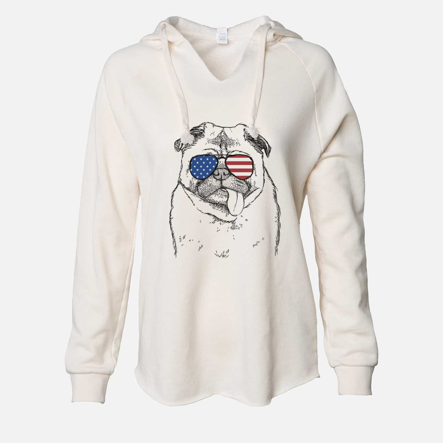 Hand-drawn sketch of Rosie the Pug wearing American flag sunglasses on a Bone Cali Wave Hooded Sweatshirt