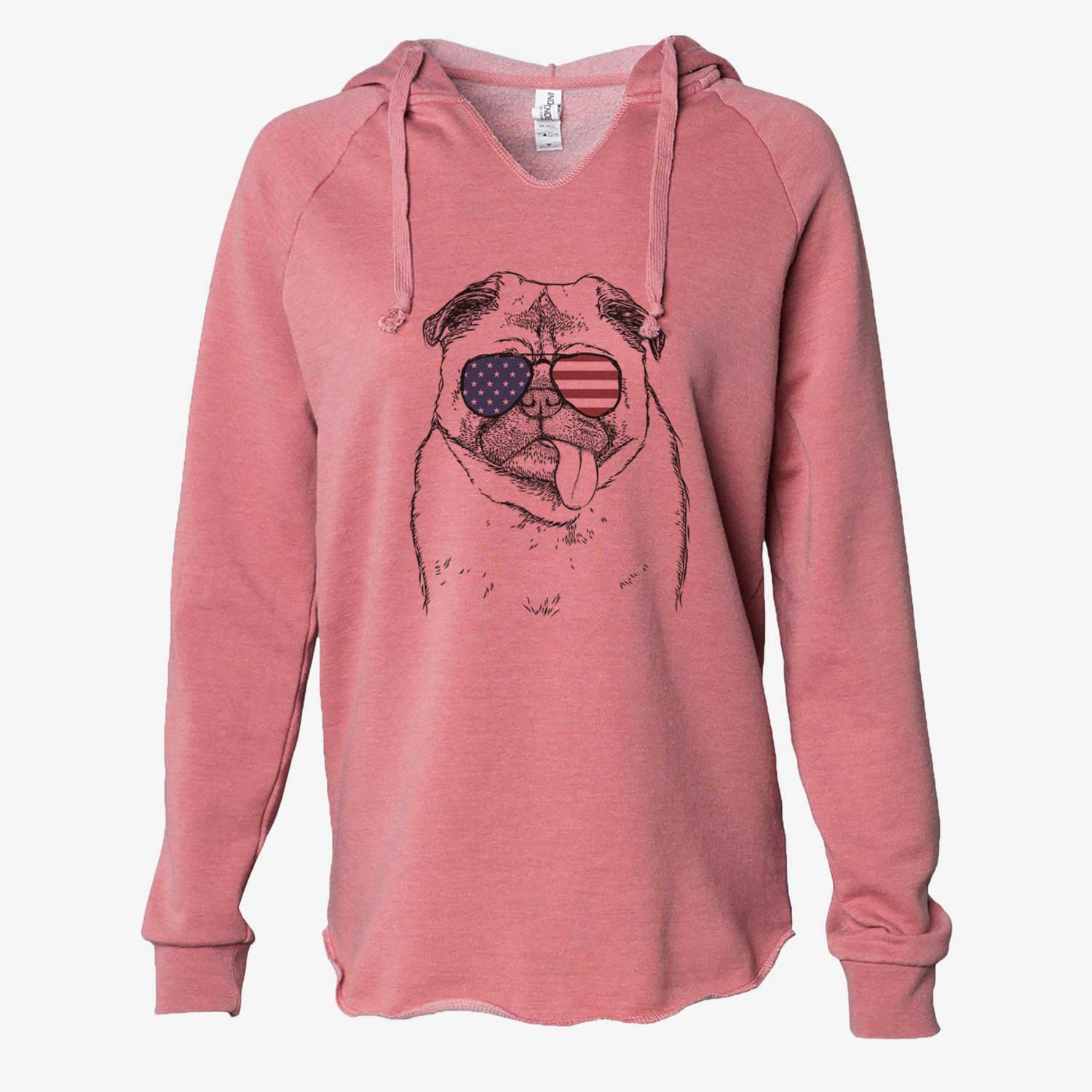 Hand-drawn sketch of Rosie the Pug wearing American flag sunglasses on a Dusty Rose Cali Wave Hooded Sweatshirt