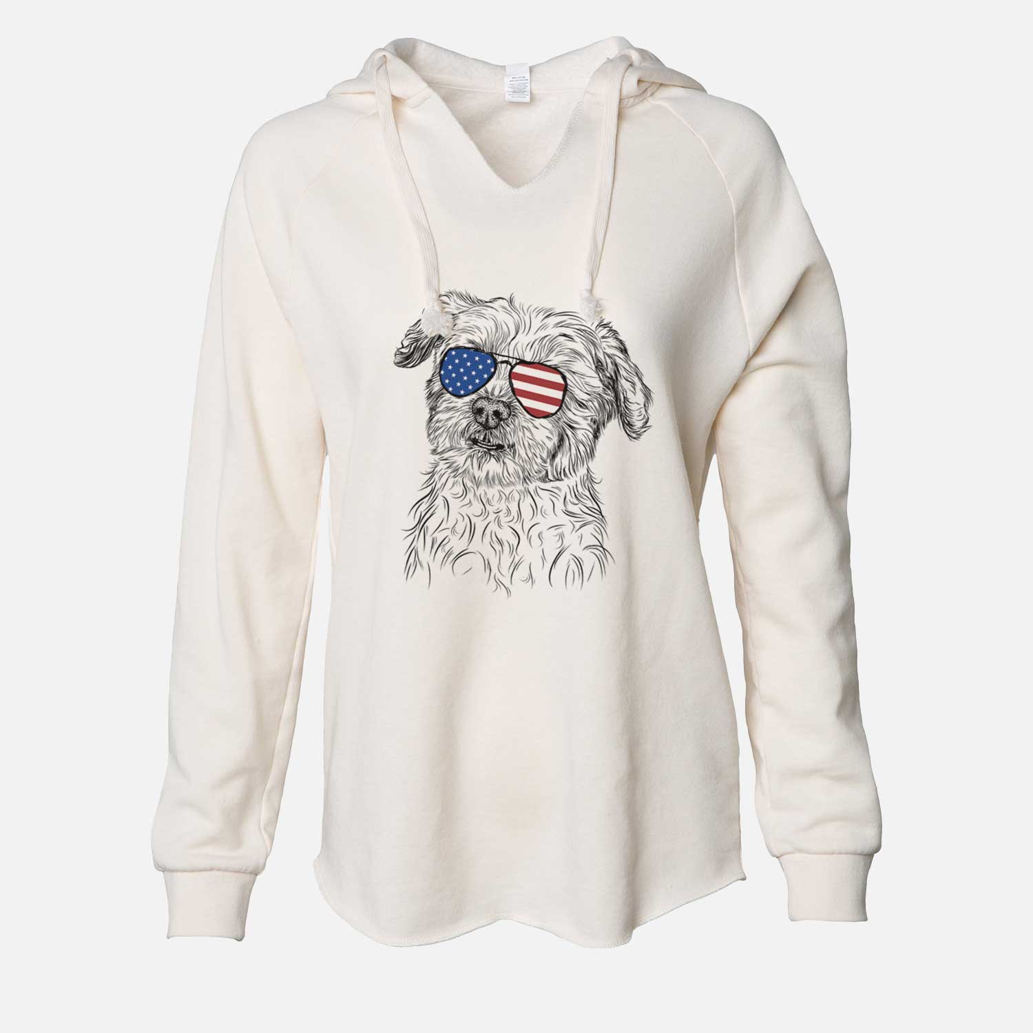 Hand-drawn sketch of Roxie the Schnauzer Shih Tzu Mix wearing American flag sunglasses on a Bone Cali Wave Hooded Sweatshirt