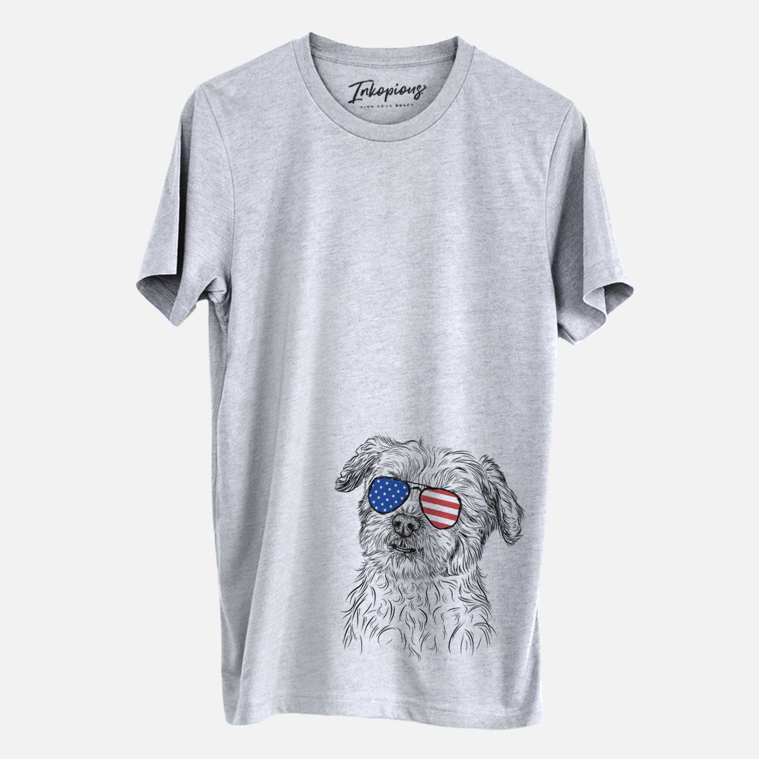 Hand-drawn sketch of Roxie the Schnauzer Shih Tzu Mix wearing American flag sunglasses on a Grey Unisex crewneck