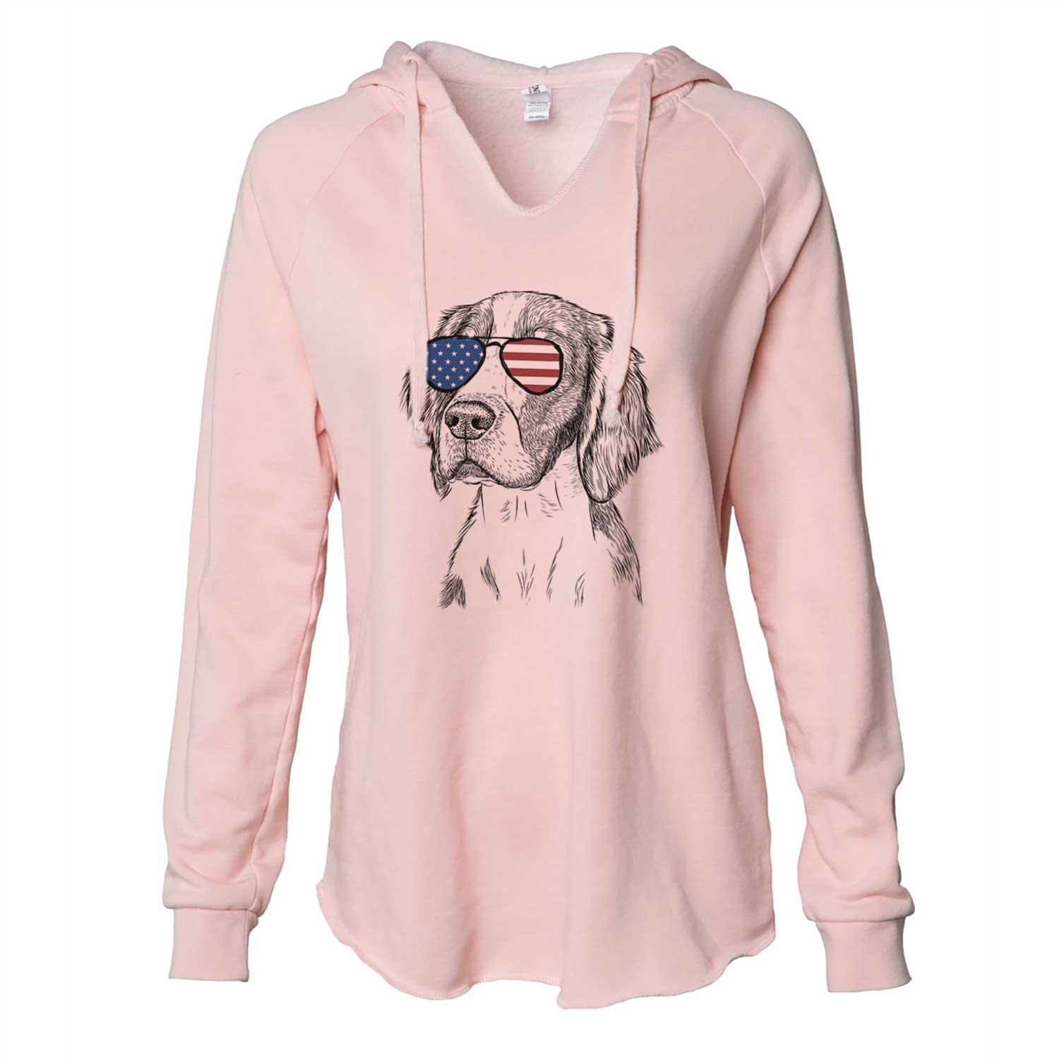 Hand-drawn sketch of Roxy the Welsh Springer Spaniel wearing American flag sunglasses on a Blush Cali Wave Hooded Sweatshirt