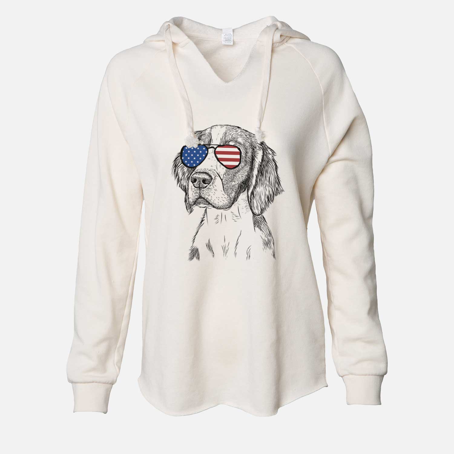 Hand-drawn sketch of Roxy the Welsh Springer Spaniel wearing American flag sunglasses on a Bone Cali Wave Hooded Sweatshirt