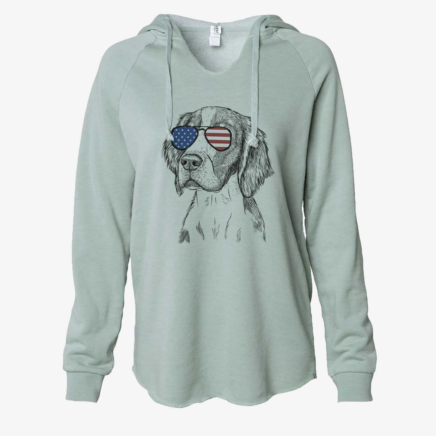 Hand-drawn sketch of Roxy the Welsh Springer Spaniel wearing American flag sunglasses on a Sage Cali Wave Hooded Sweatshirt