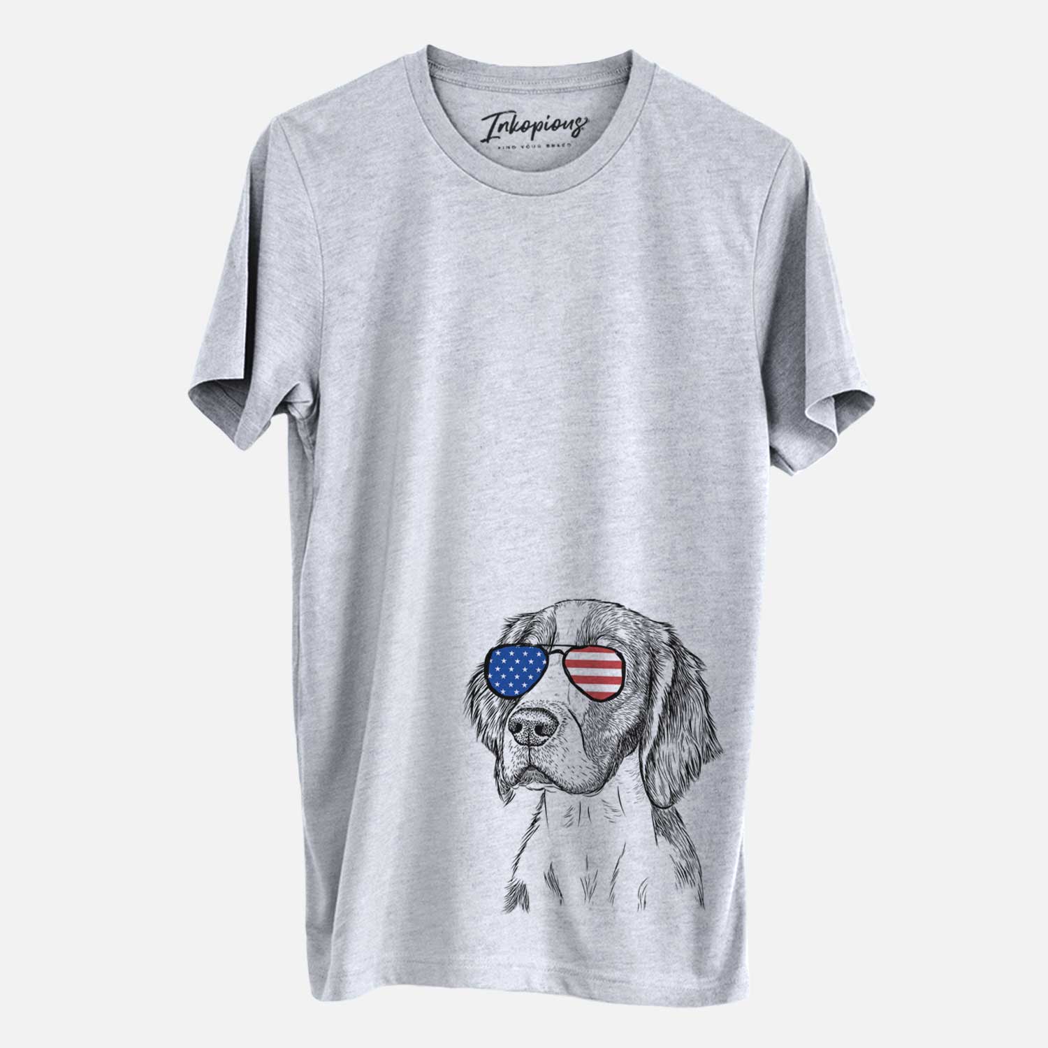 Hand-drawn sketch of Roxy the Welsh Springer Spaniel wearing American flag sunglasses on a Grey Unisex crewneck