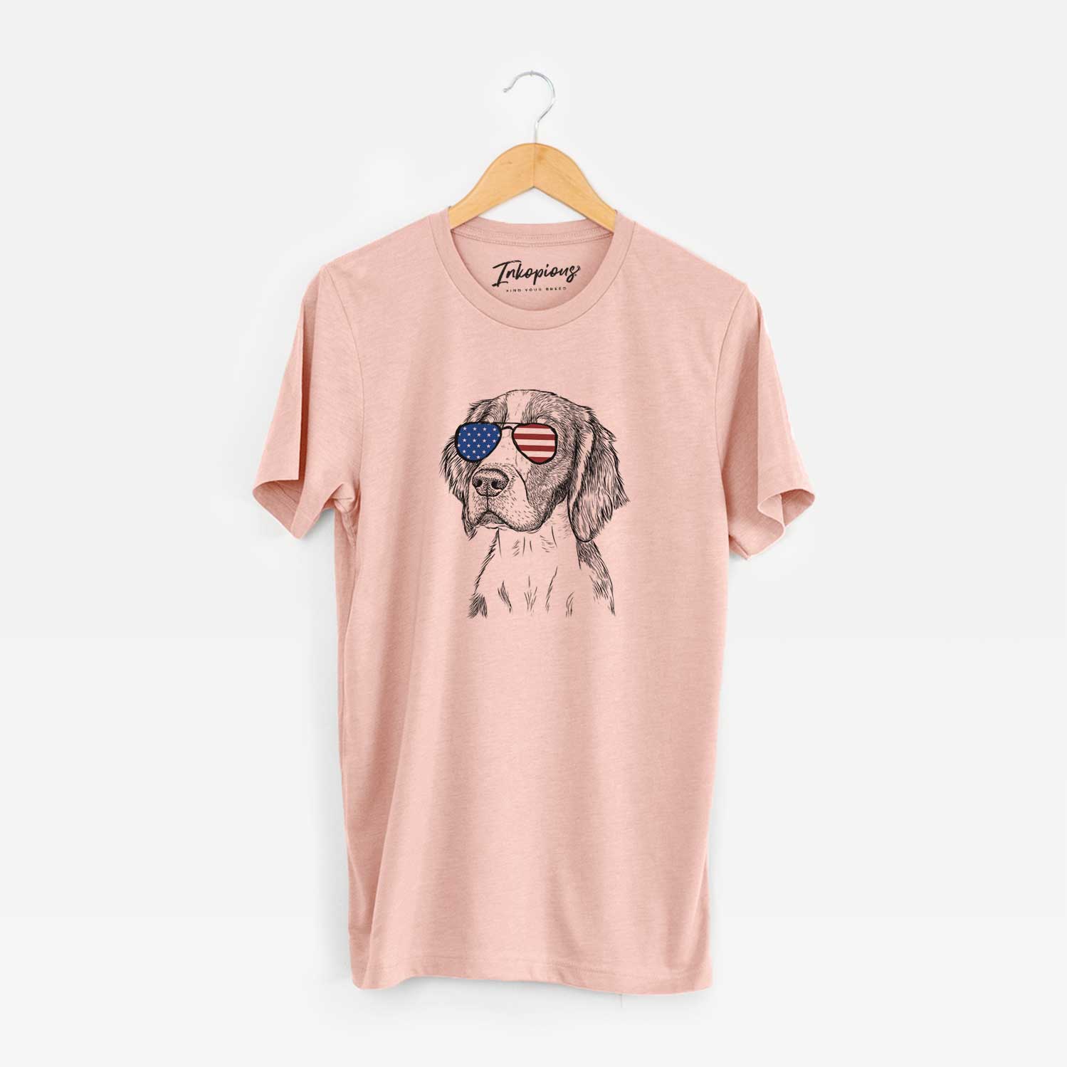 Hand-drawn sketch of Roxy the Welsh Springer Spaniel wearing American flag sunglasses on a Peach Unisex crewneck