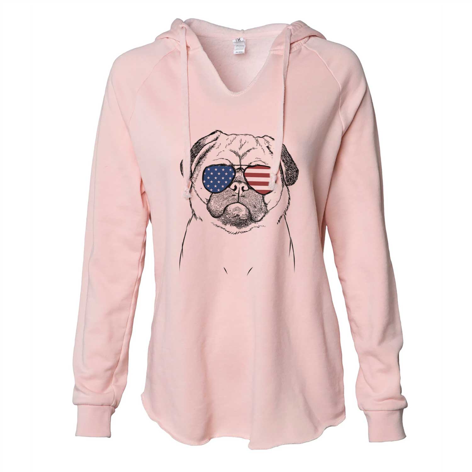 Hand-drawn sketch of Ruby the Pug wearing American flag sunglasses on a Blush Cali Wave Hooded Sweatshirt