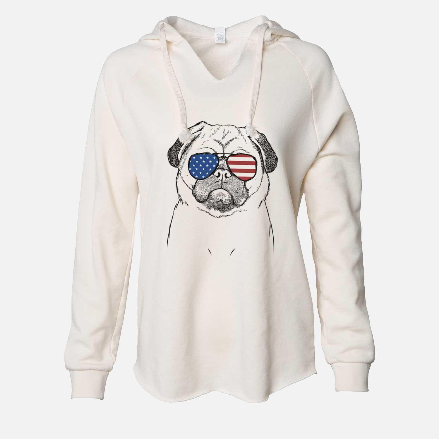 Hand-drawn sketch of Ruby the Pug wearing American flag sunglasses on a Bone Cali Wave Hooded Sweatshirt