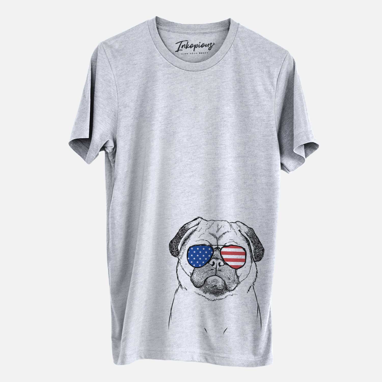 Hand-drawn sketch of Ruby the Pug wearing American flag sunglasses on a Grey Unisex crewneck