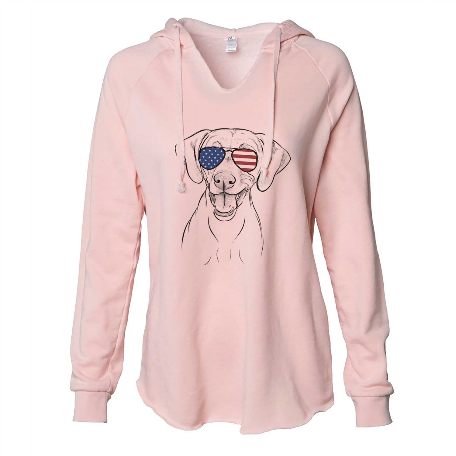 Hand-drawn sketch of Ruby the Vizsla wearing American flag sunglasses on a Blush Cali Wave Hooded Sweatshirt