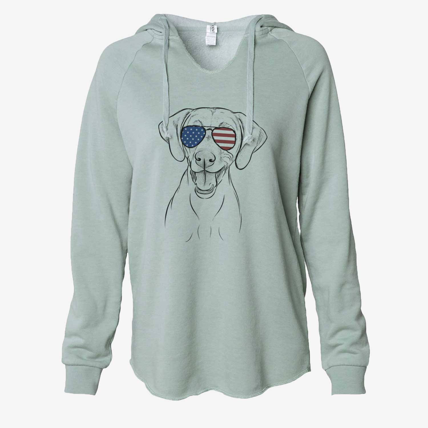 Hand-drawn sketch of Ruby the Vizsla wearing American flag sunglasses on a Sage Cali Wave Hooded Sweatshirt
