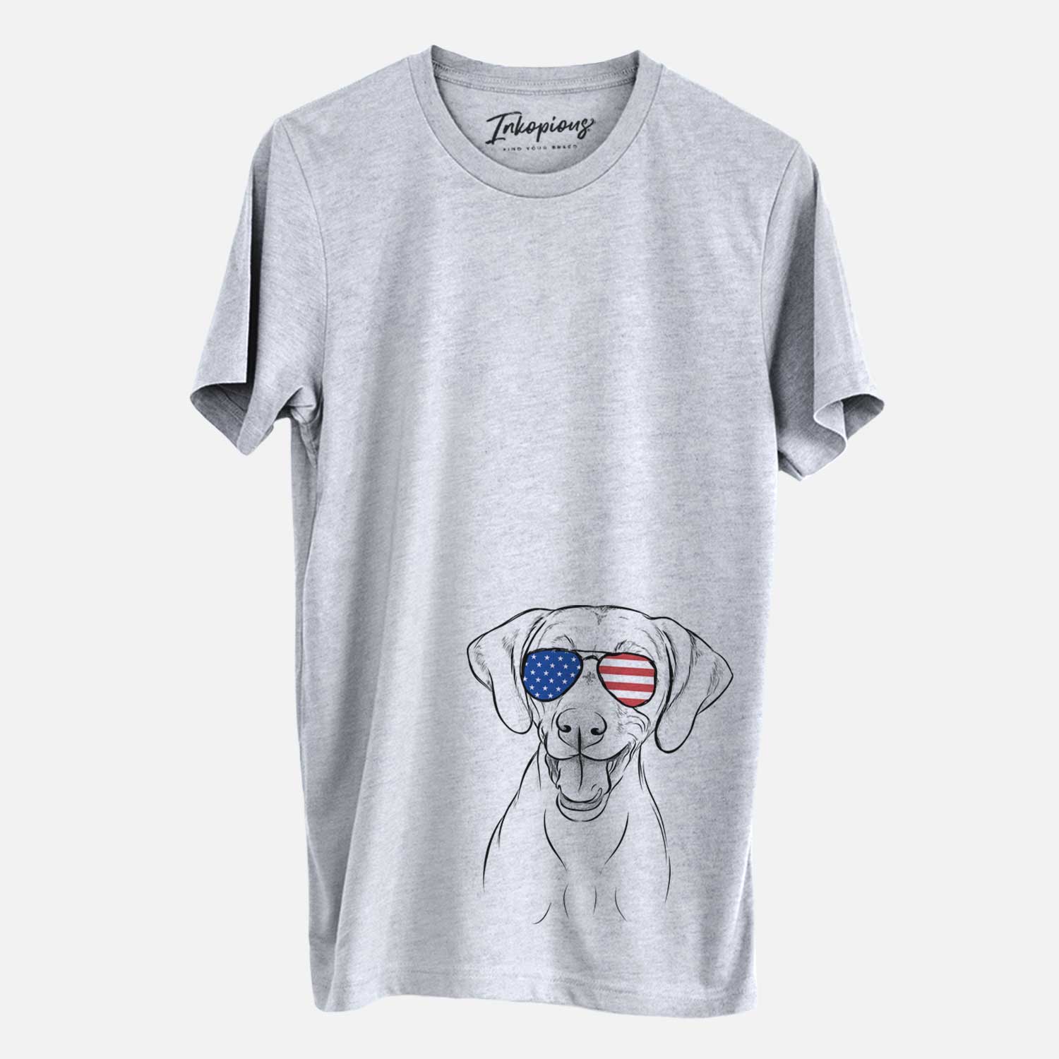 Hand-drawn sketch of Ruby the Vizsla wearing American flag sunglasses on a Grey Unisex crewneck