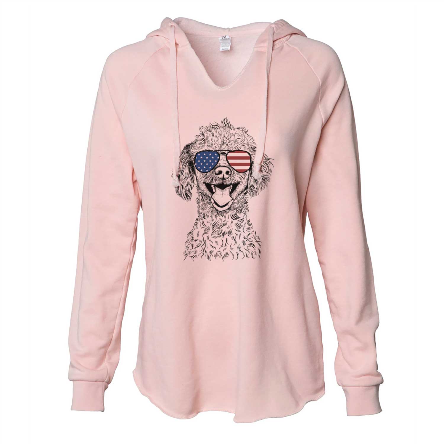 Hand-drawn sketch of Rusty the Toy Poodle wearing American flag sunglasses on a Blush Cali Wave Hooded Sweatshirt