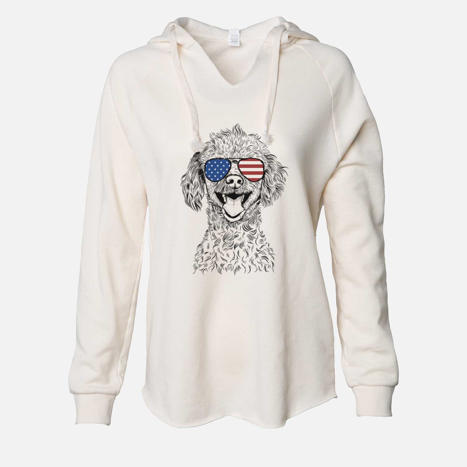Hand-drawn sketch of Rusty the Toy Poodle wearing American flag sunglasses on a Bone Cali Wave Hooded Sweatshirt