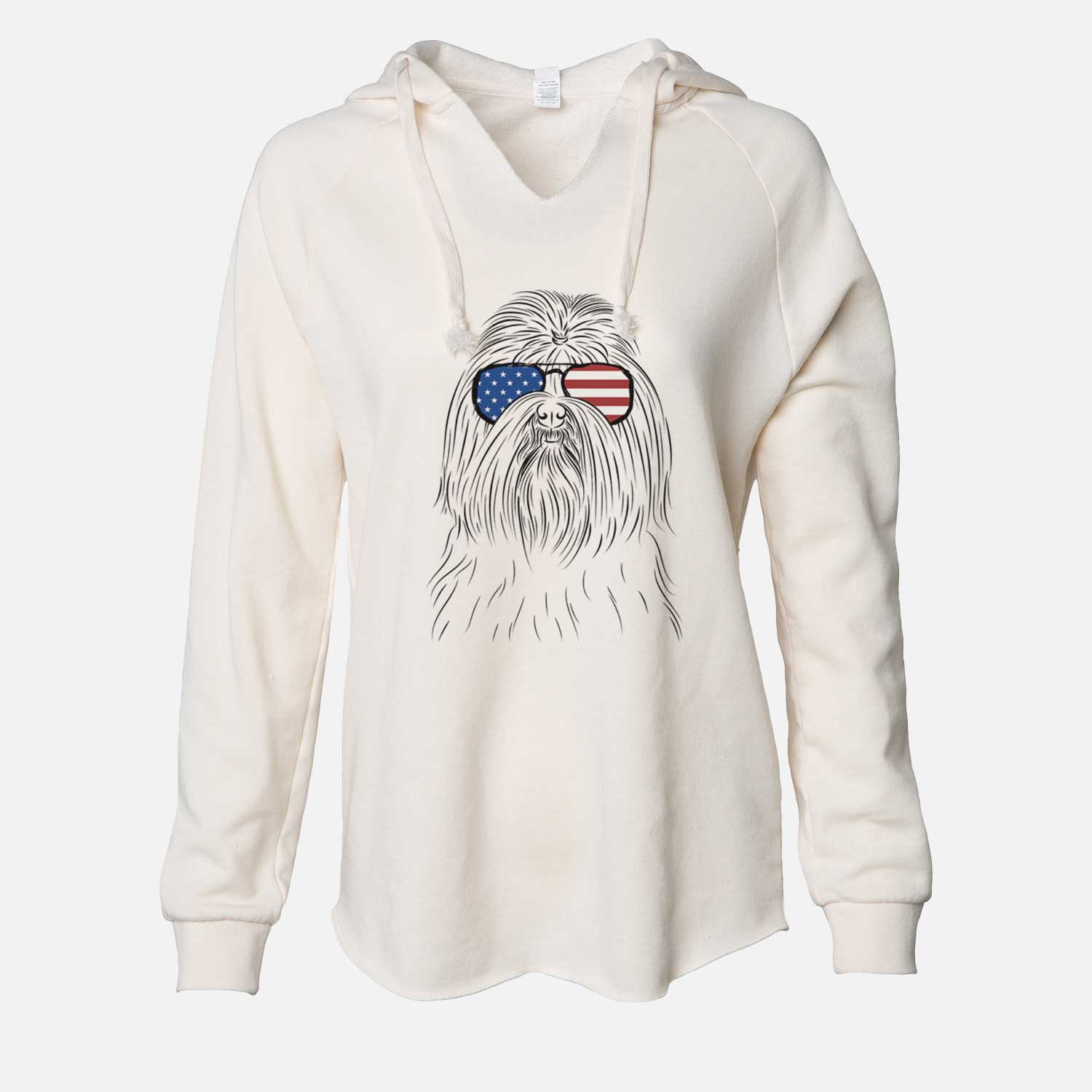 Hand-drawn sketch of Sabine the Shih Tzu wearing American flag sunglasses on a Bone Cali Wave Hooded Sweatshirt