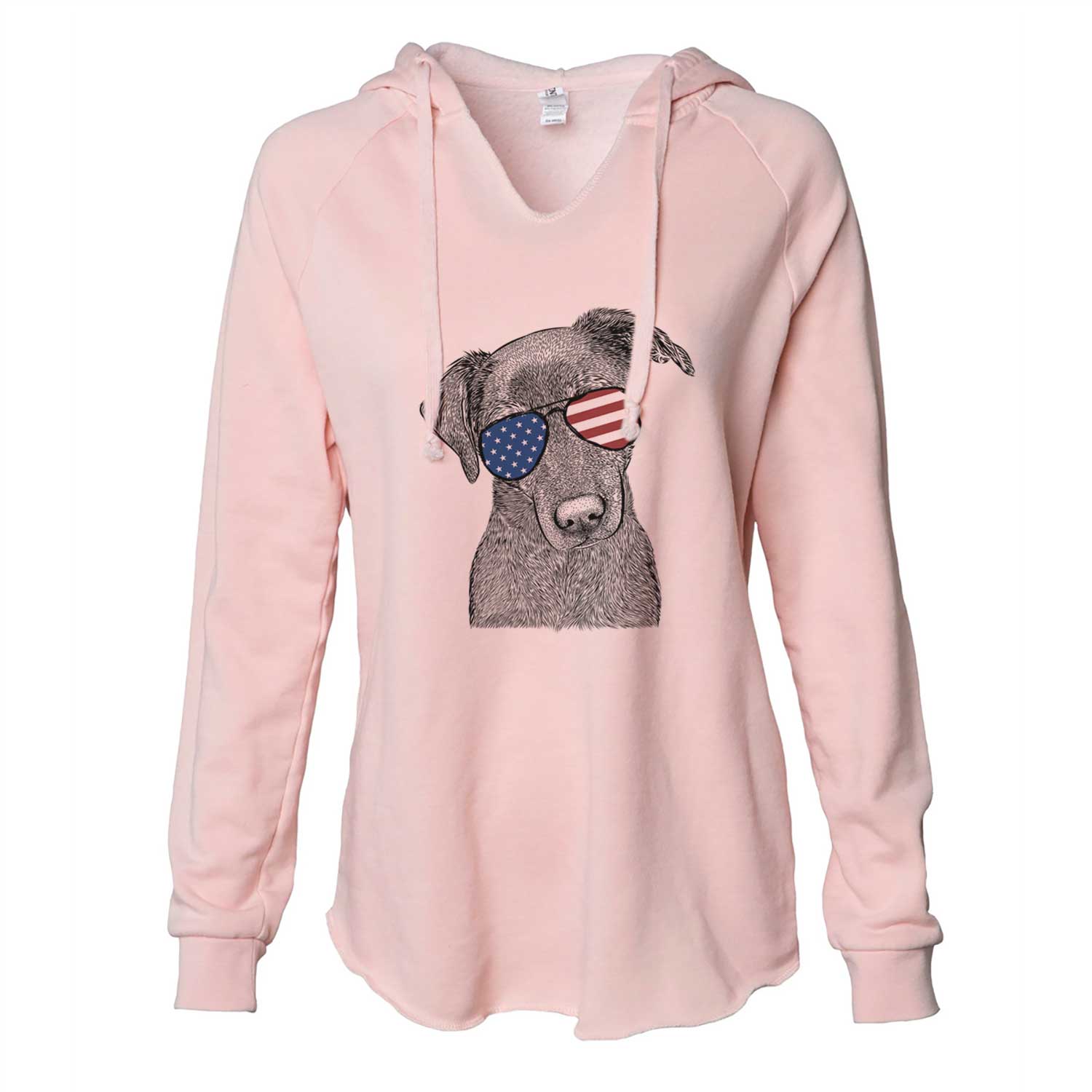 Hand-drawn sketch of Sadie the Whipador wearing American flag sunglasses on a Blush Cali Wave Hooded Sweatshirt