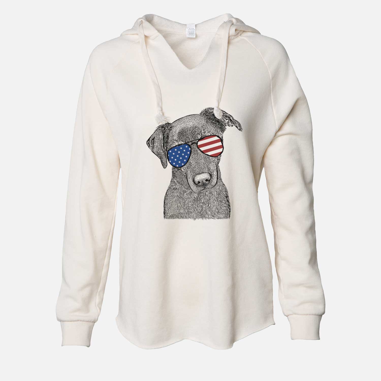 Hand-drawn sketch of Sadie the Whipador wearing American flag sunglasses on a Bone Cali Wave Hooded Sweatshirt