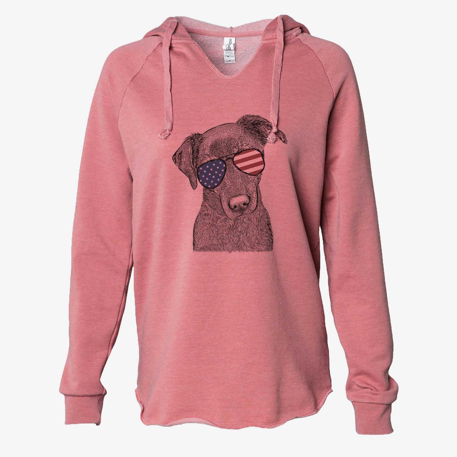 Hand-drawn sketch of Sadie the Whipador wearing American flag sunglasses on a Dusty Rose Cali Wave Hooded Sweatshirt