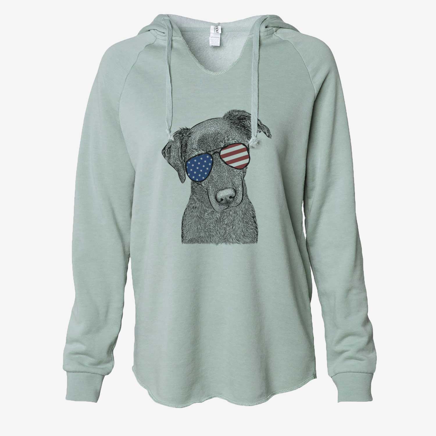 Hand-drawn sketch of Sadie the Whipador wearing American flag sunglasses on a Sage Cali Wave Hooded Sweatshirt