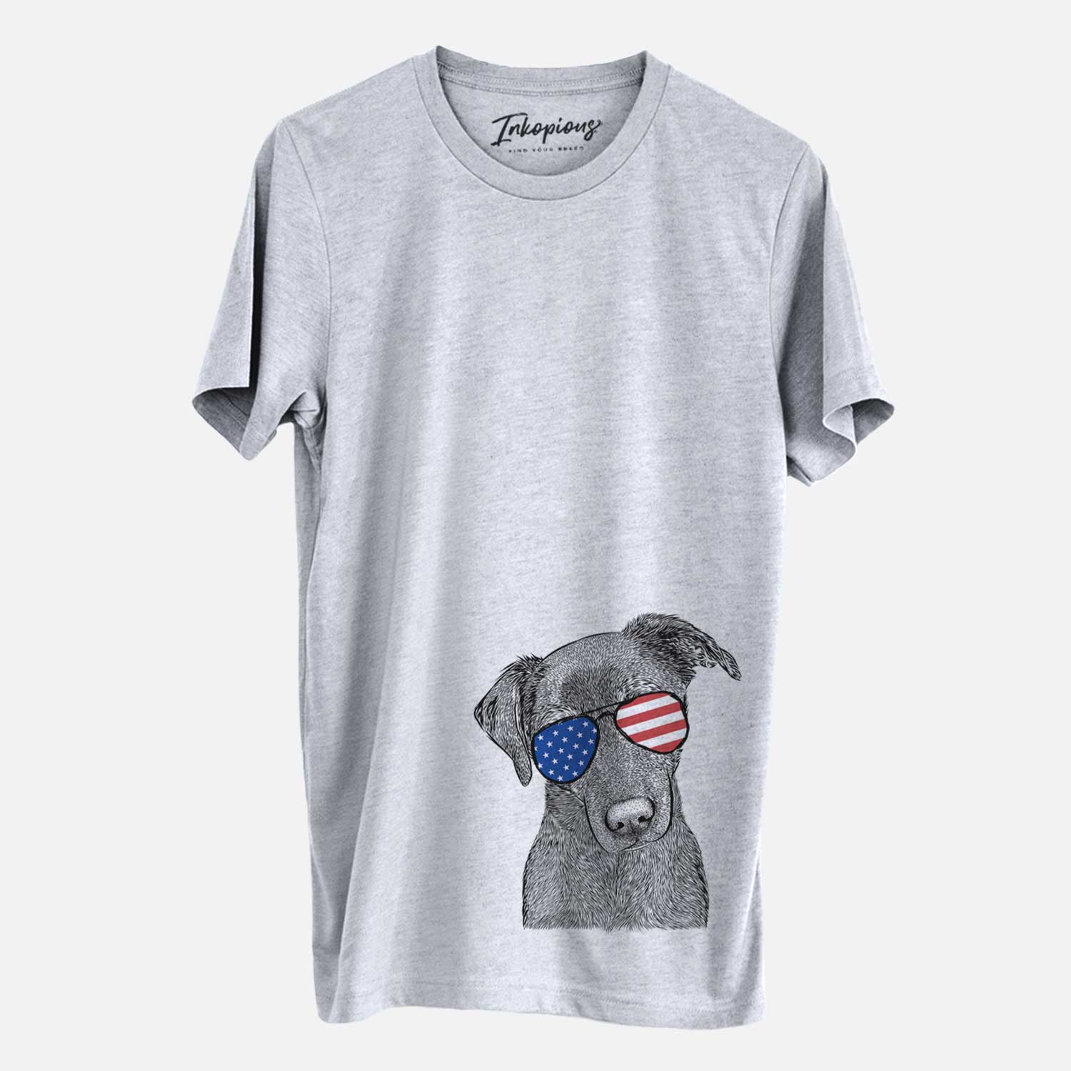 Hand-drawn sketch of Sadie the Whipador wearing American flag sunglasses on a Grey Unisex crewneck